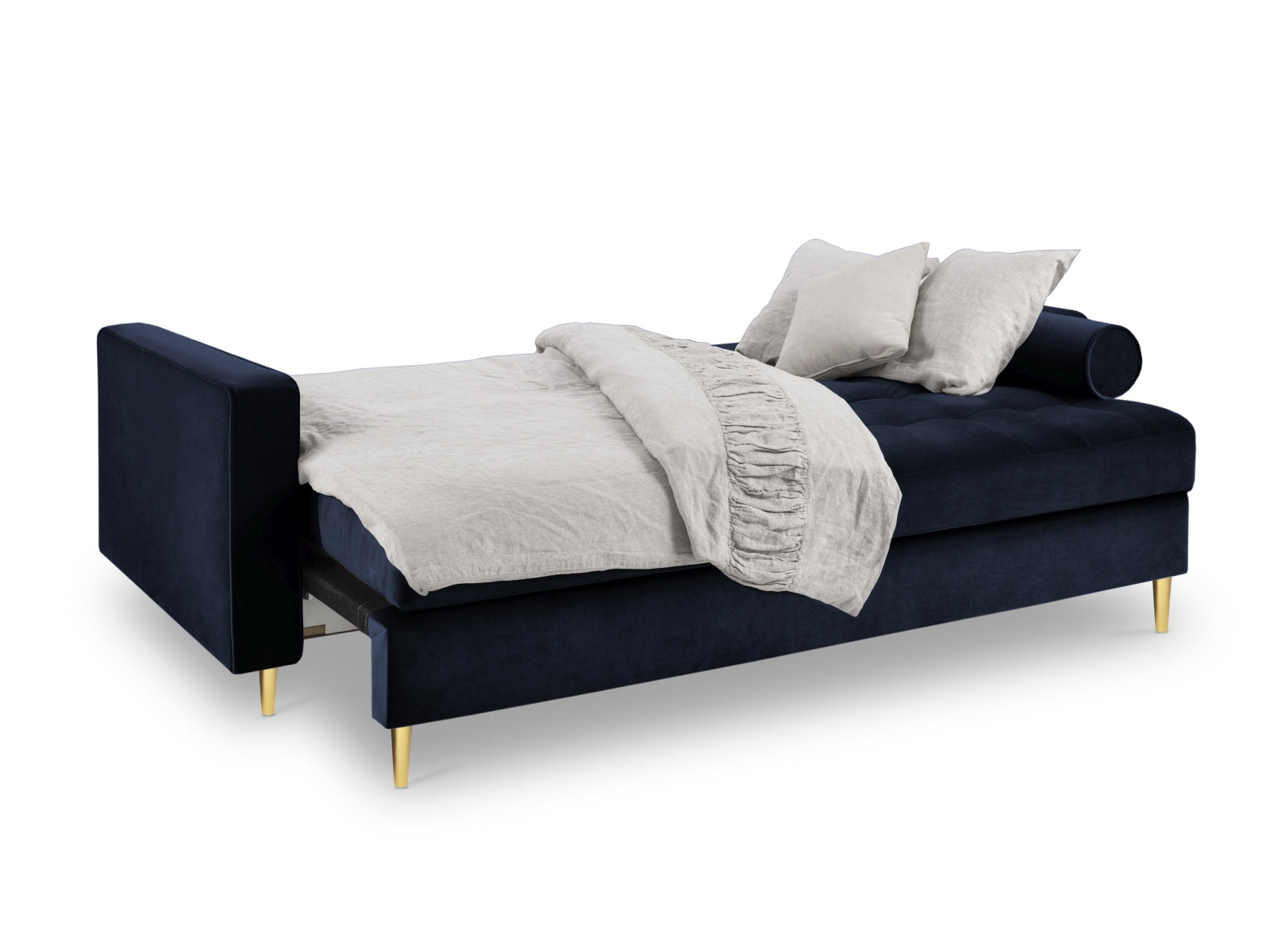Elegantes 3-Sitzer Sofa Aspen in Royal Blue mit praktischer Schlaffunktion und Stauraum, ideal für modernes Wohnen.