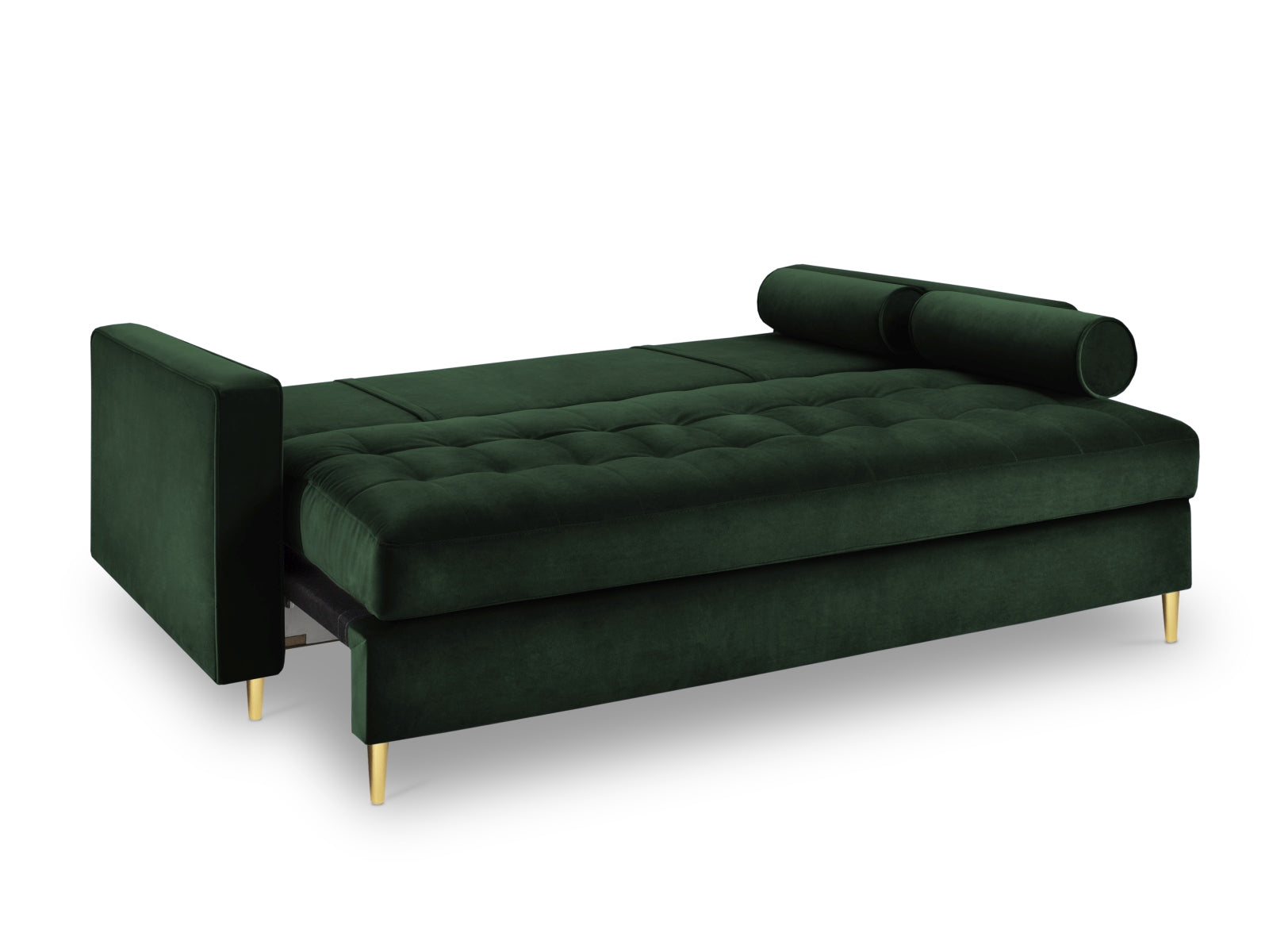 Modernes 3-Sitzer Sofa Aspen in stilvollem Grün, perfekt für jedes Wohnzimmer, mit cleverer Schlaffunktion und integriertem Stauraum.
