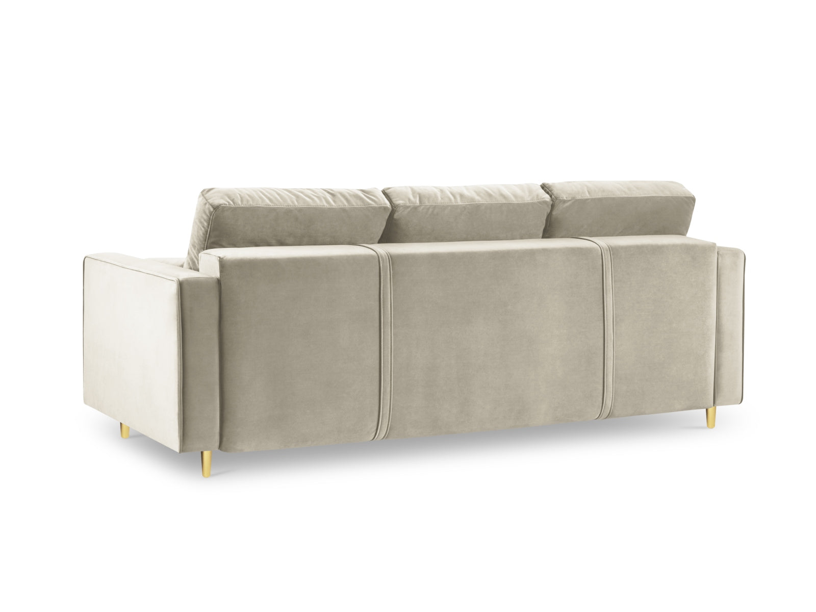 Stylisches 3-Sitzer Sofa Aspen in modernem Dunkelbeige, ideal für Gästeübernachtungen und bietet praktischen Stauraum für Kissen und Decken.