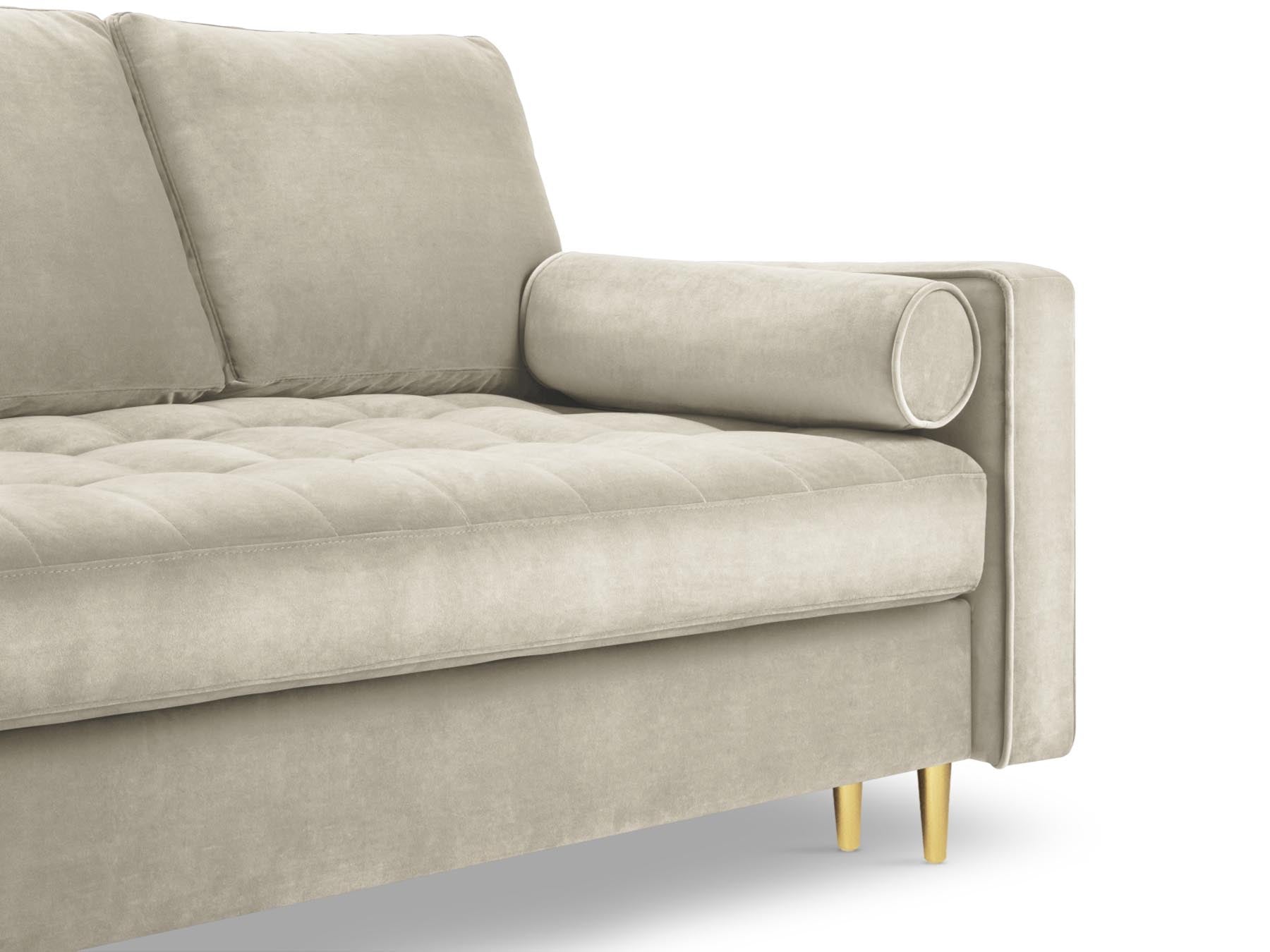 Modernes 3-Sitzer Sofa Aspen in stilvollem Dunkelbeige, ideal für Gästeübernachtungen und mit praktischem Stauraum für Kissen und Decken.