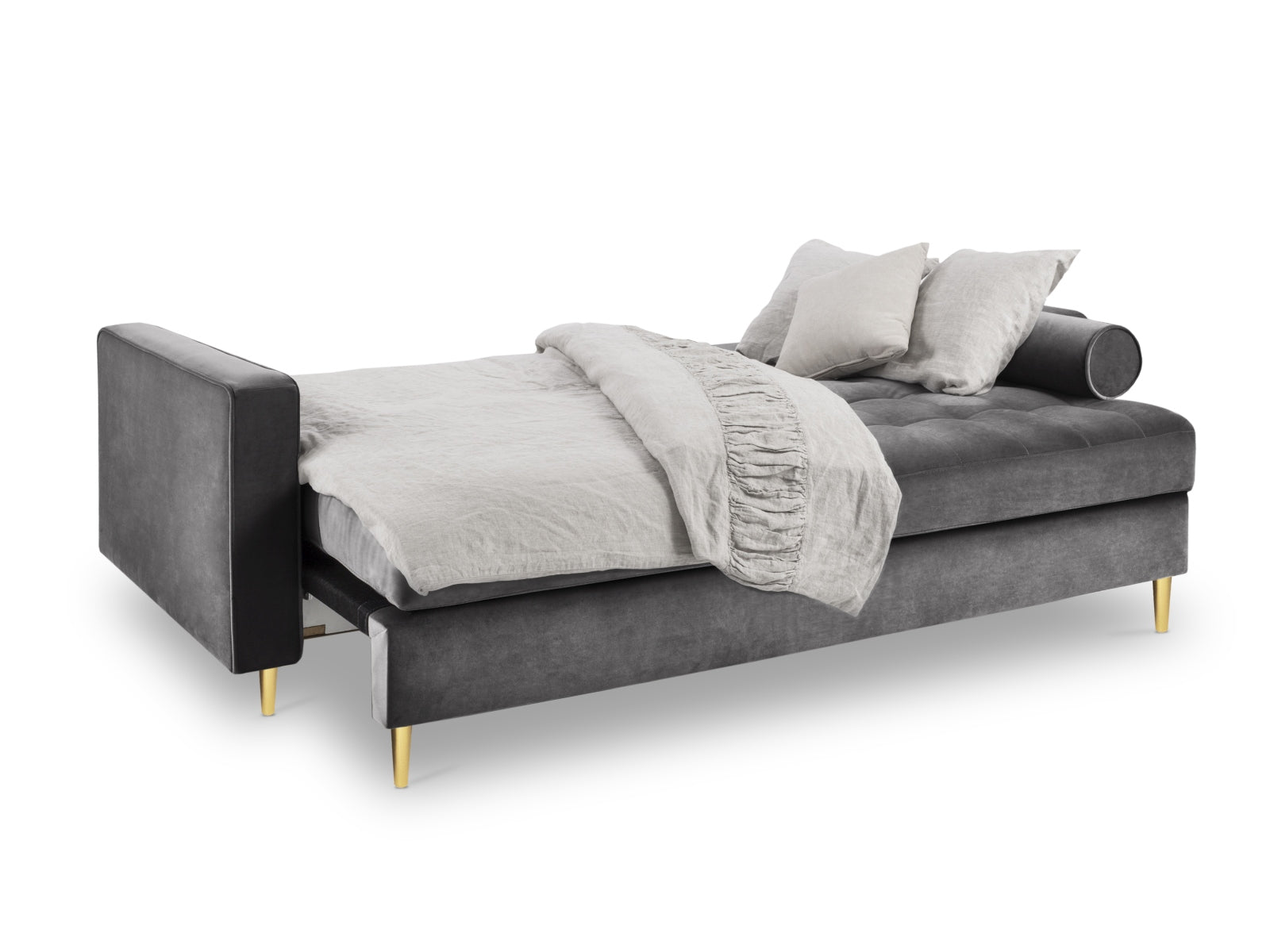 Elegantes 3-Sitzer Sofa Aspen in Dunkelgrau mit praktischer Schlaffunktion und Stauraum, ideal für modernes Wohnen.