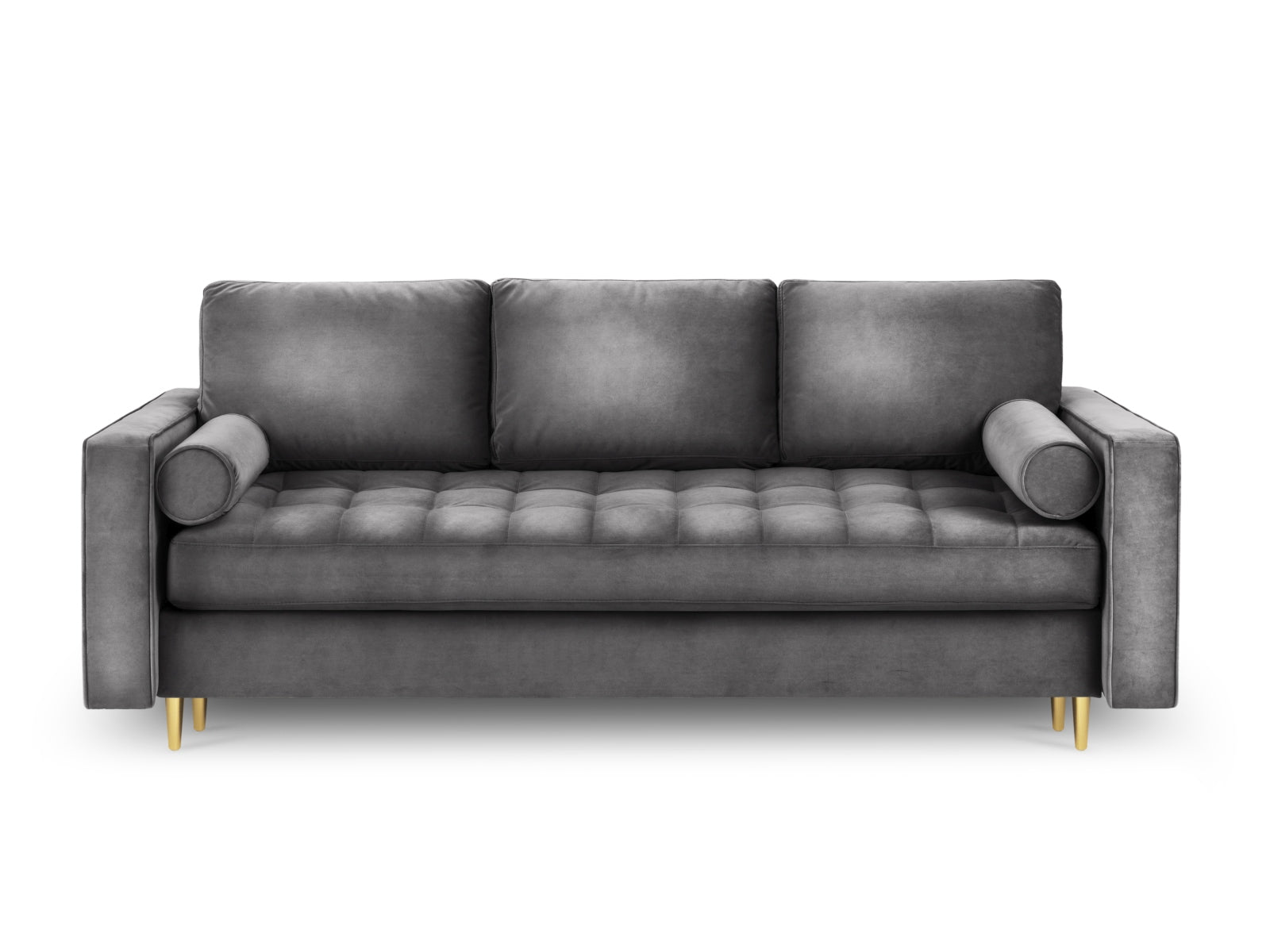 Stylisches 3-Sitzer Bettsofa Aspen in Dunkelgrau, kombiniert Komfort mit Funktionalität durch Schlaffunktion und integrierten Stauraum.