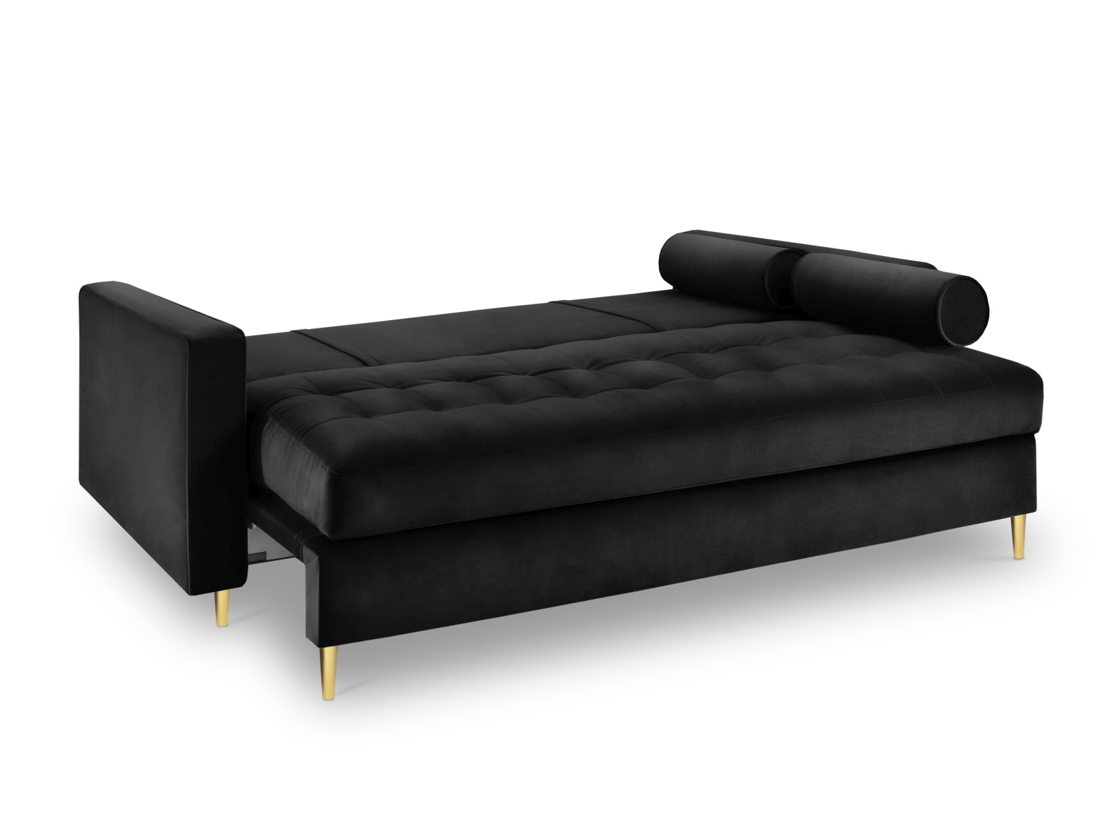 Elegantes 3-Sitzer Sofa Aspen in Schwarz, ideal für kleine Räume, bietet Schlafgelegenheit und praktischen Stauraum für mehr Komfort.