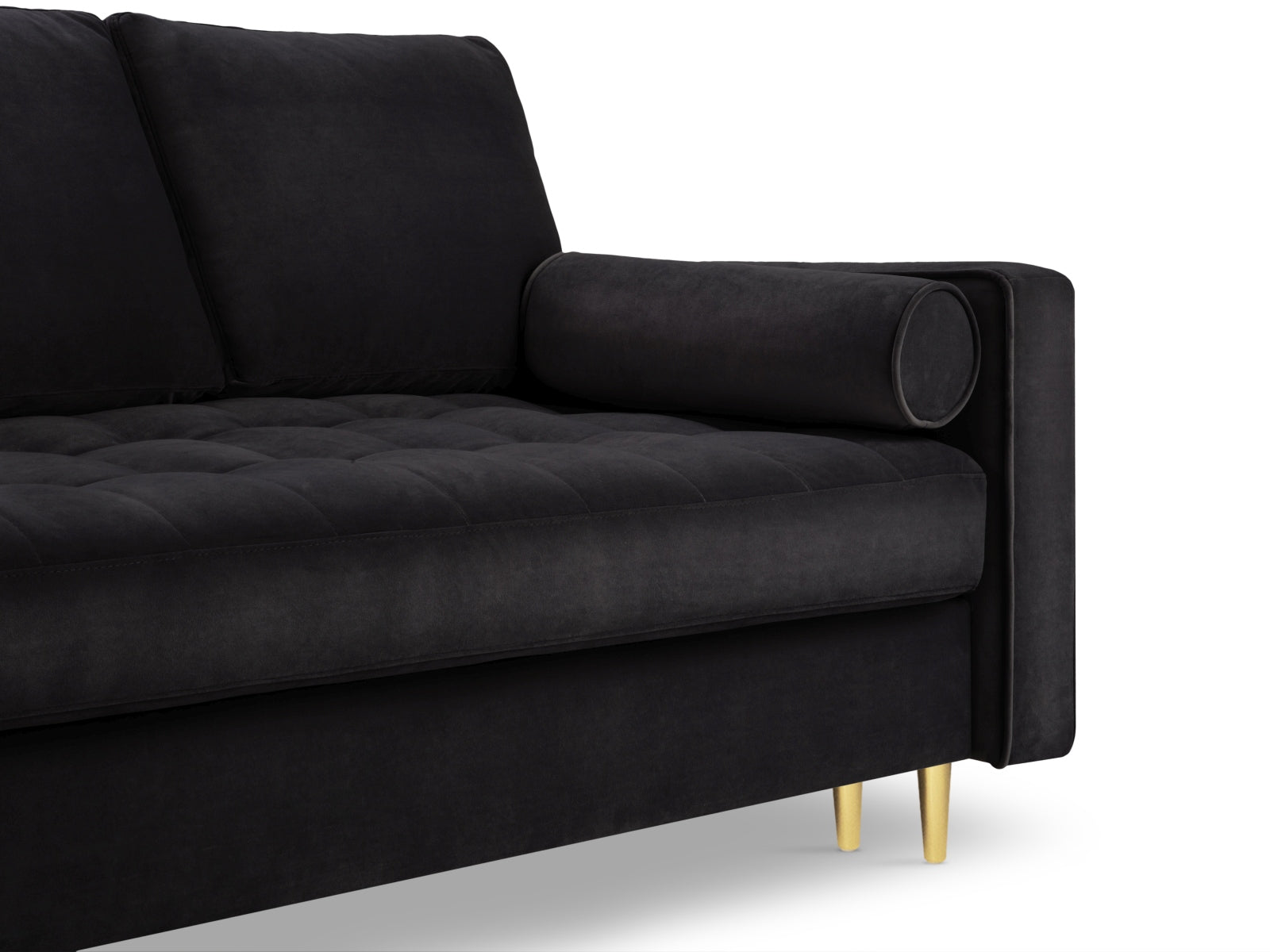 Modernes 3-Sitzer Sofa Aspen in stilvollem Schwarz, perfekt für kompakte Wohnräume, mit integrierter Schlaffunktion und cleverem Stauraum.