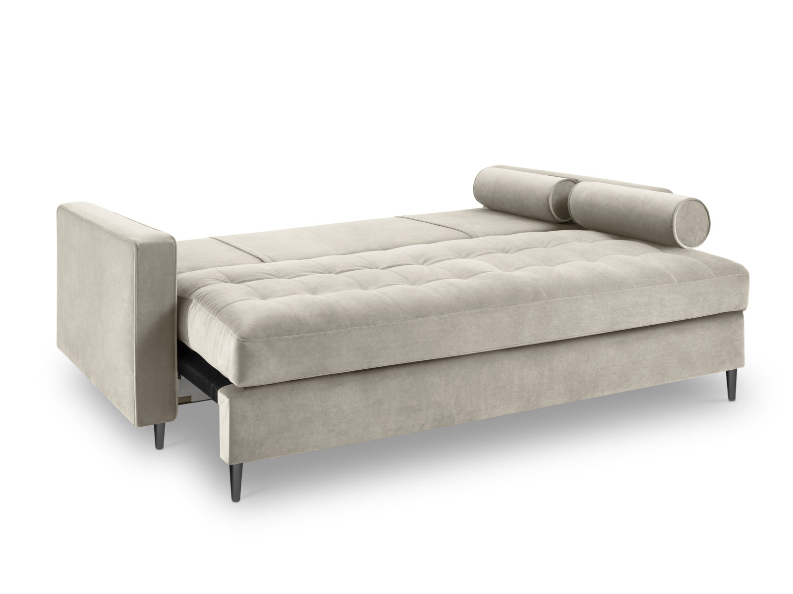 Modernes 3-Sitzer Sofa Aspen in stilvollem Dunkelbeige, ideal für Gästeübernachtungen und mit praktischem Stauraum für Kissen und Decken.