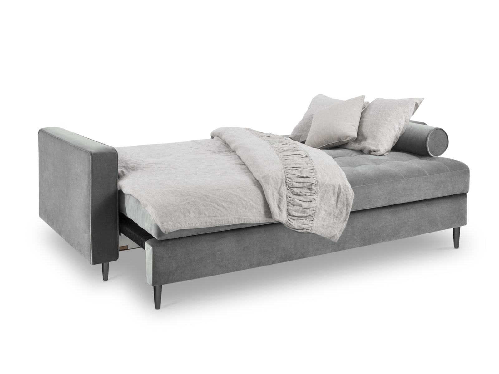 Elegantes 3-Sitzer Sofa Aspen in Grau mit praktischer Schlaffunktion und Stauraum, ideal für modernes Wohnen und Gästeübernachtungen.