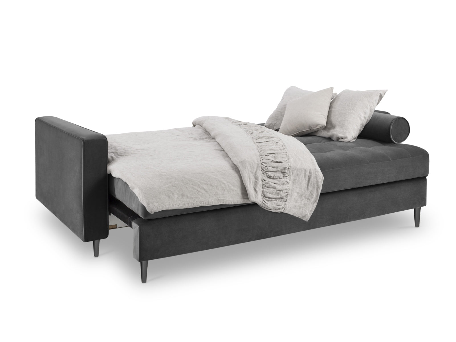 Modernes 3-Sitzer Sofa Aspen in stilvollem Dunkelgrau, vielseitig einsetzbar als Schlafsofa mit praktischem Stauraum für zusätzlichen Komfort.