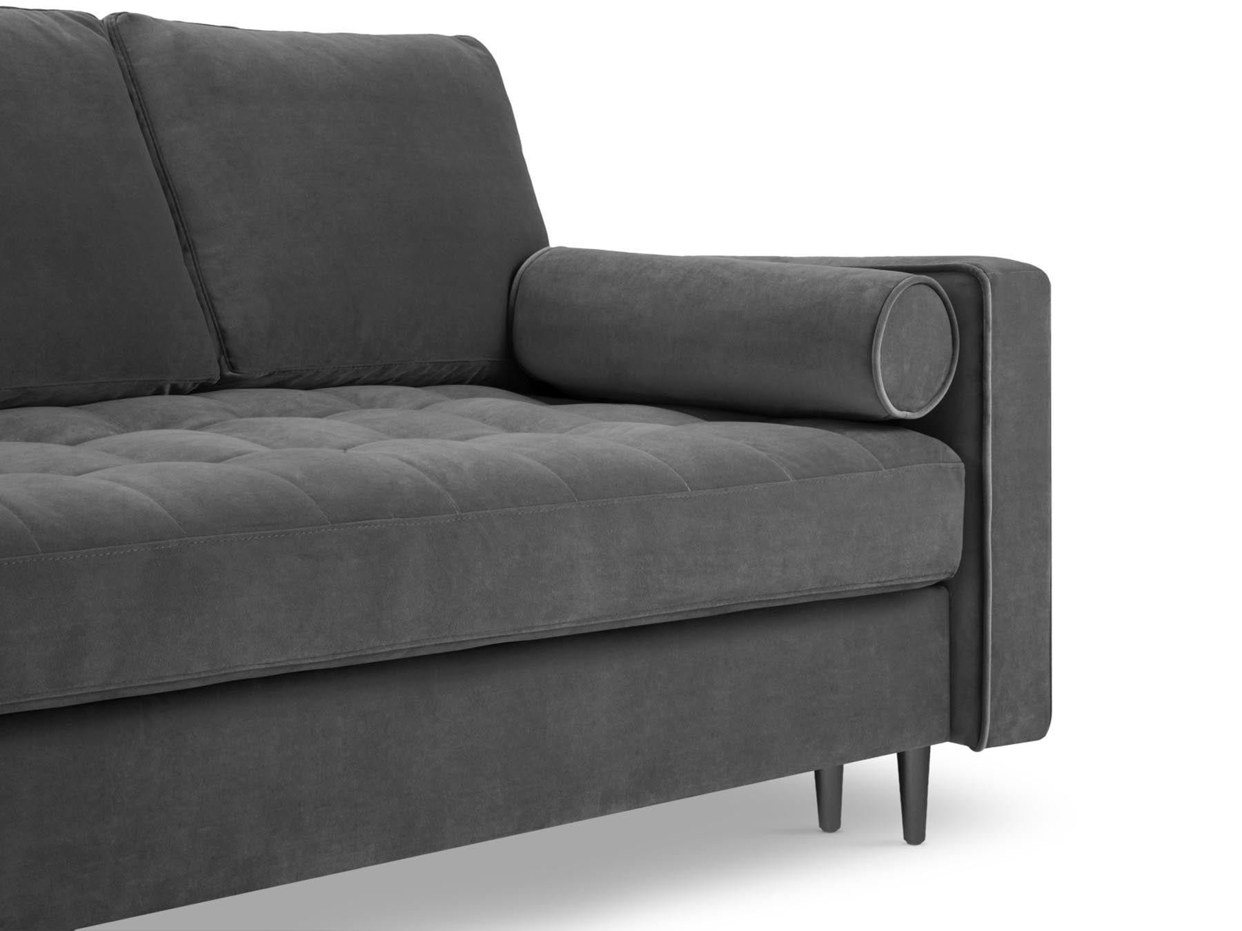 Modernes 3-Sitzer Sofa Aspen in stilvollem Dunkelgrau, vielseitig einsetzbar als Schlafsofa mit praktischem Stauraum für zusätzlichen Komfort.
