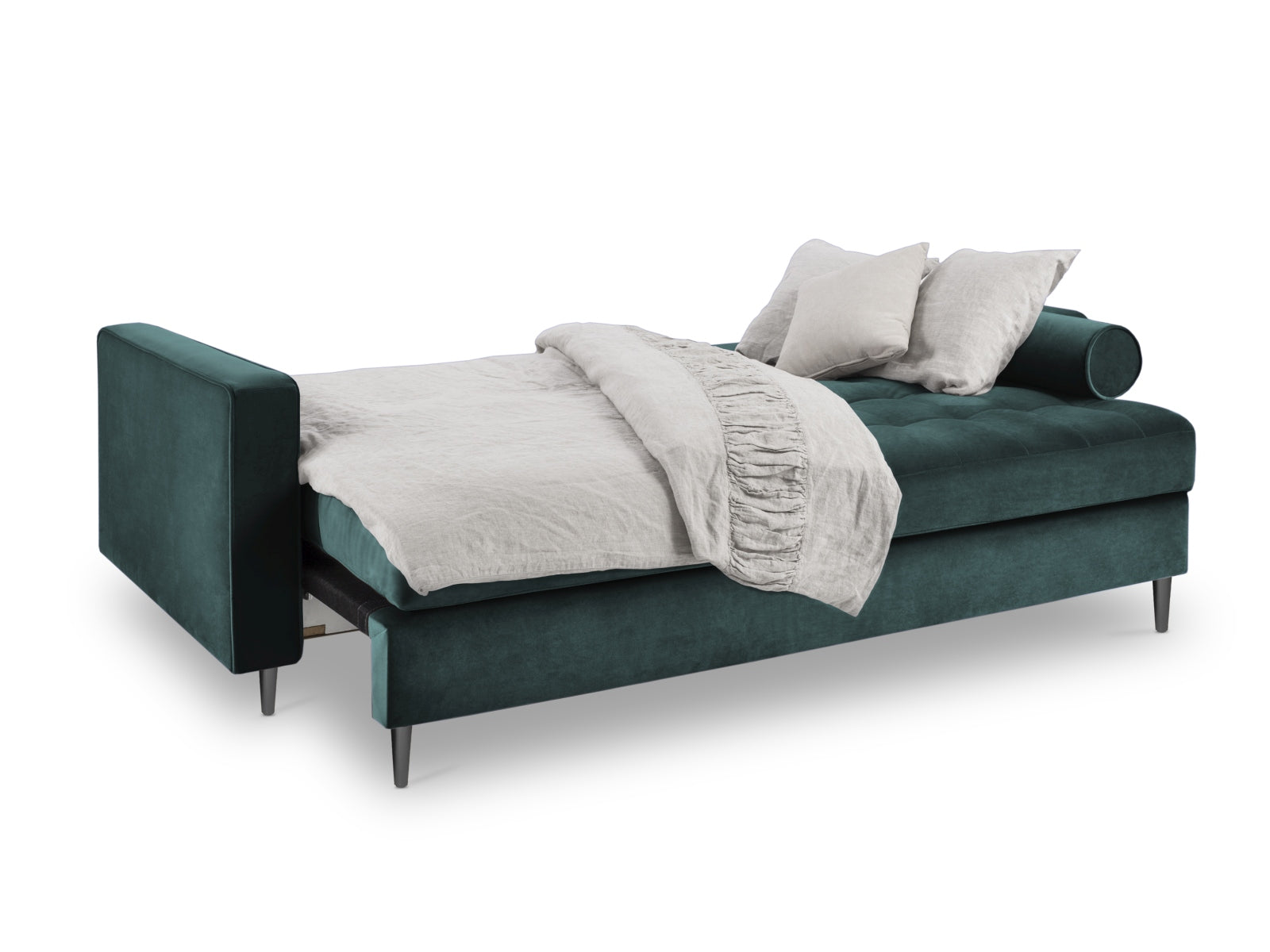Modernes 3-Sitzer Sofa Aspen in stilvollem Petrol, vielseitig einsetzbar als Schlafgelegenheit mit integriertem Stauraum für zusätzlichen Platz.