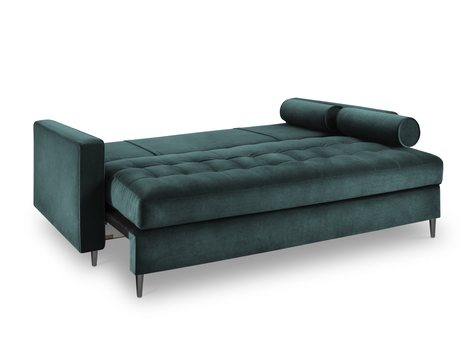Elegantes 3-Sitzer Bettsofa Aspen in trendigem Petrol, ideal für kleine Räume, bietet Schlafkomfort und praktischen Stauraum.