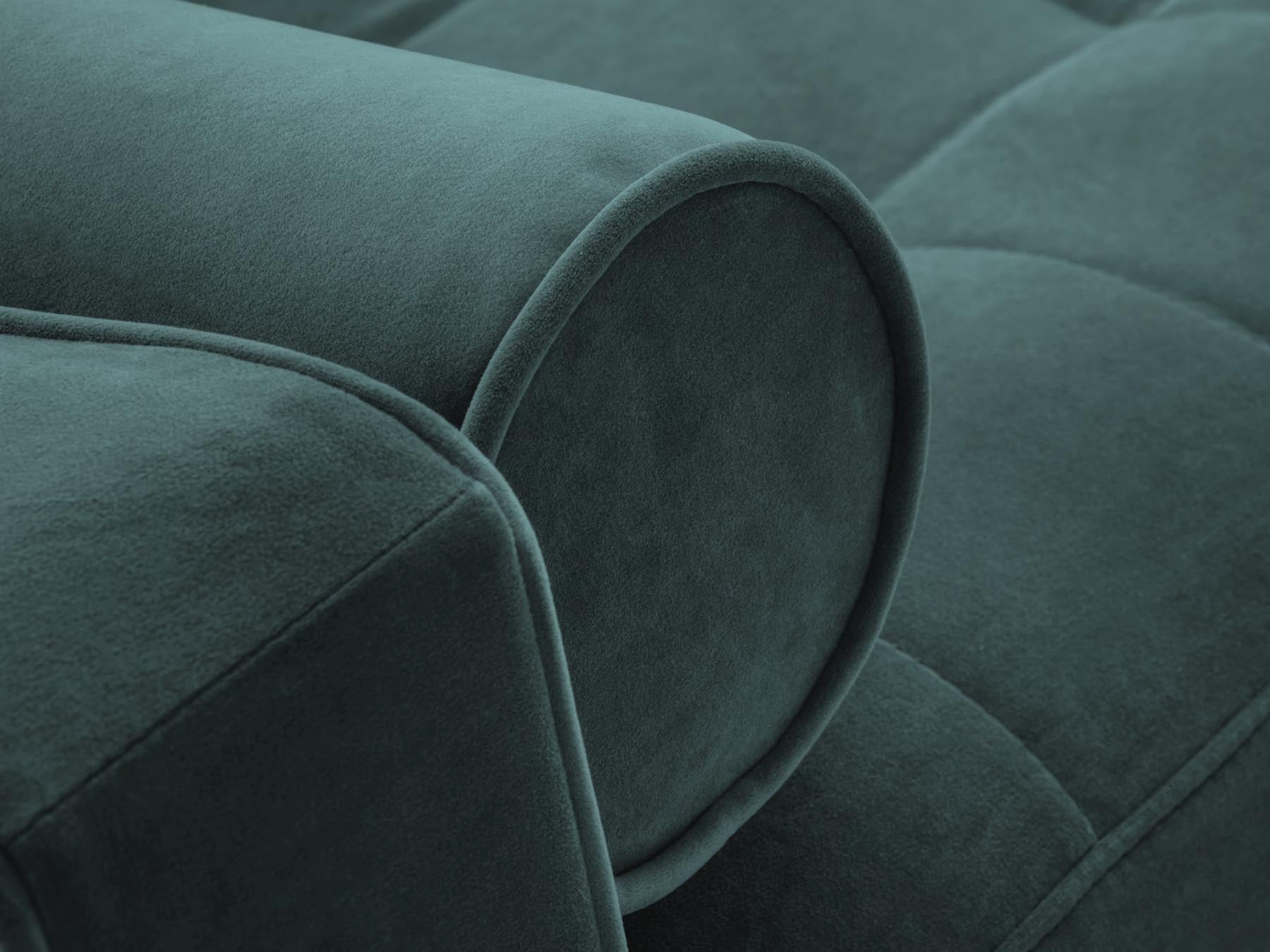 Elegantes 3-Sitzer Sofa Aspen in trendigem Petrol, ideal für Wohnräume, bietet Schlafplatz und praktischen Stauraum für mehr Komfort.