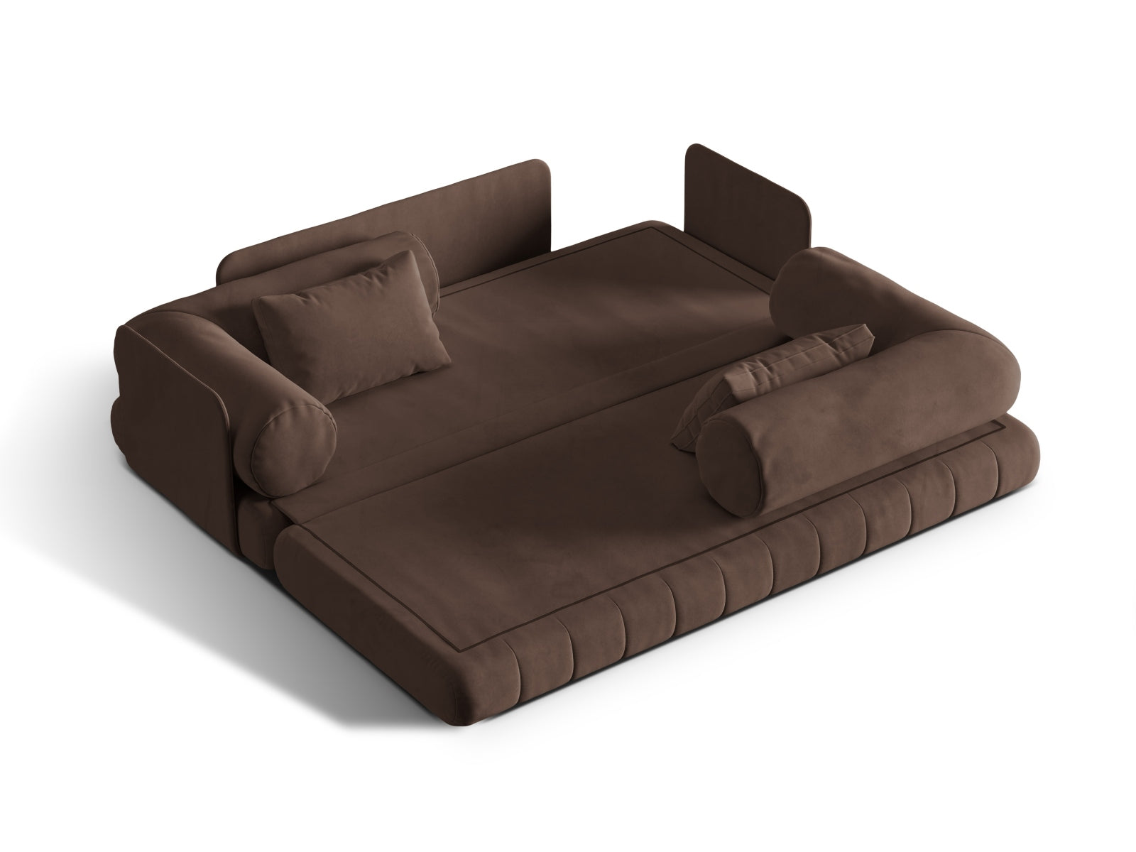 Elegantes 3-Sitzer Bettsofa Kemi aus weichem Velours in warmem Braun, ideal für Wohnräume und Übernachtungsgäste.