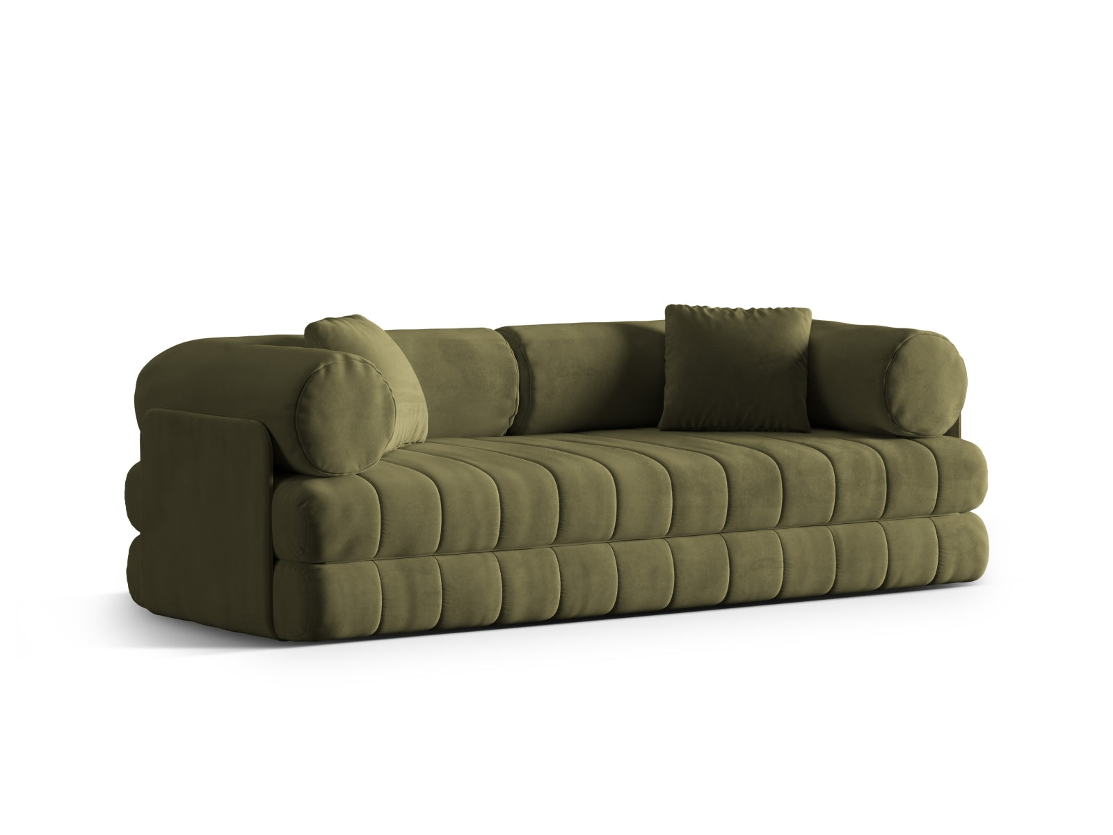 Modernes 3-Sitzer Kemi Velour Sofa in edlem Grün, vielseitig einsetzbar als Schlafsofa für Gäste und entspannte Abende.