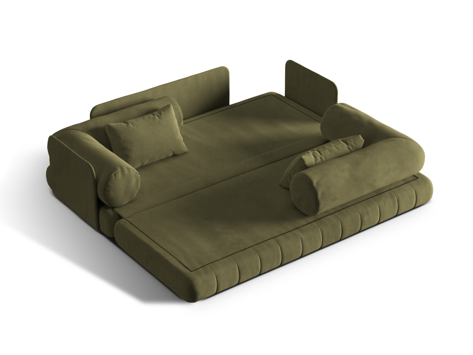 Elegantes Kemi Velour Sofa in tiefem Grün, 3-Sitzer mit Schlaffunktion, ideal für stilvolle Wohnräume und Übernachtungsgäste.