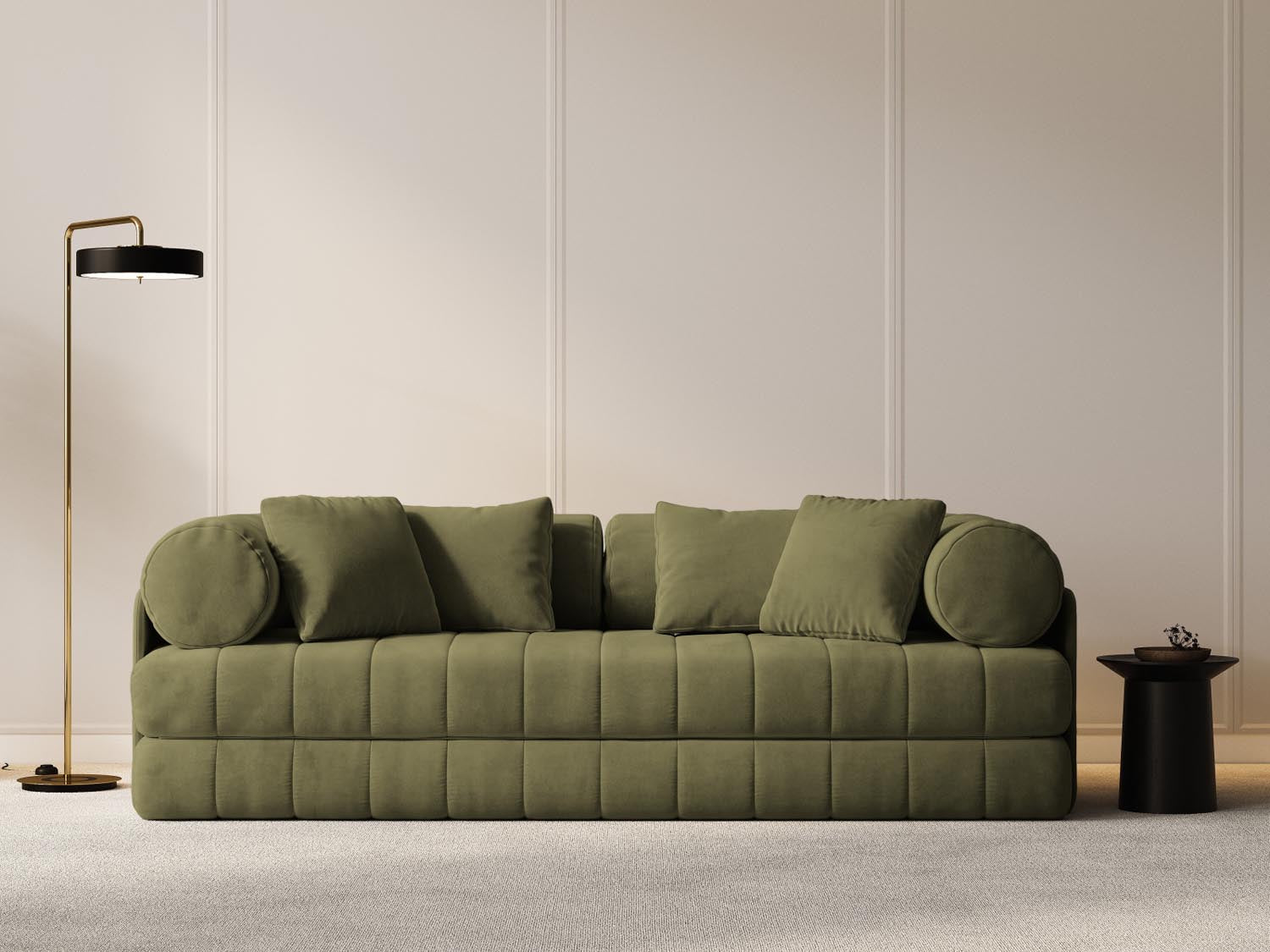 Elegantes Kemi Velour Sofa in Grün mit Schlaffunktion, ideal für stilvolle Wohnräume und gemütliche Nächte.