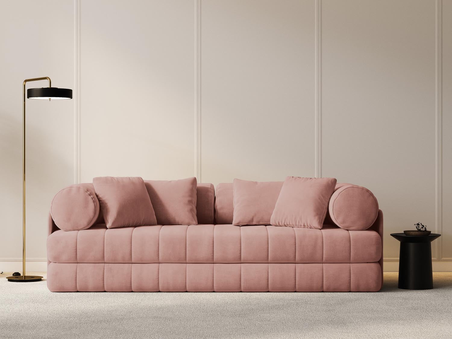 Elegantes Kemi Velour Sofa in Pink-Salvador, 3-Sitzer mit Schlaffunktion, ideal für stilvolle Wohnräume und Gästeübernachtungen.