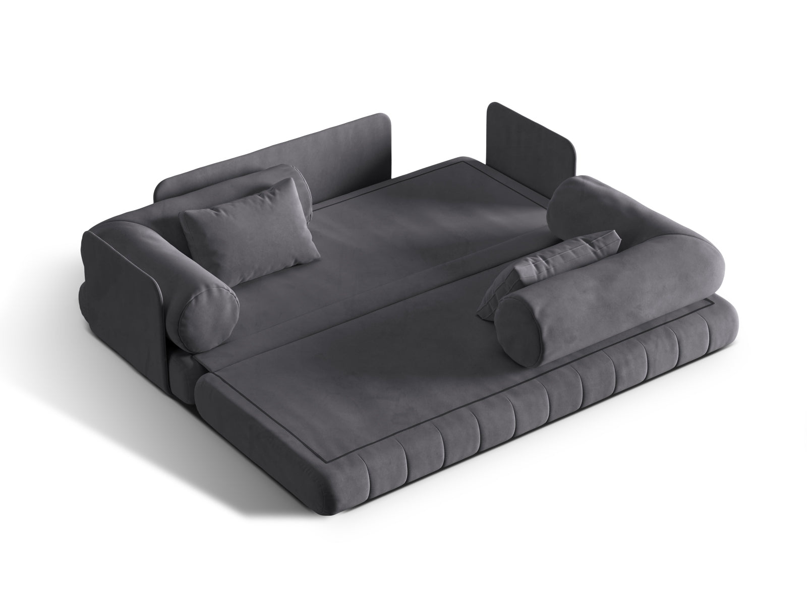 Elegantes 3-Sitzer Bettsofa Kemi aus weichem Velours in Dunkelgrau, ideal für stilvolle Wohnräume und Übernachtungsgäste.