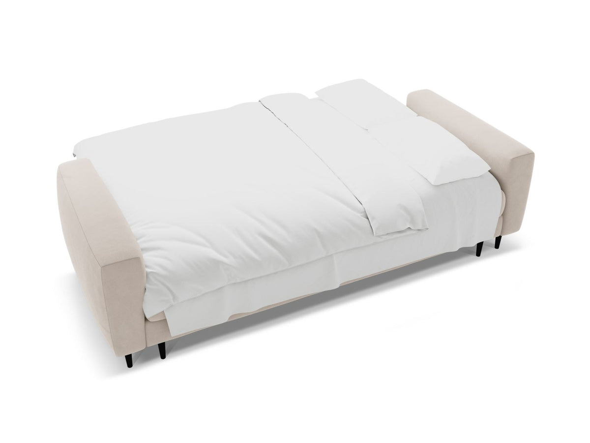 Cosmopolitan Design Lazio Bettsofa in Beige-Samt, 3-Sitzer mit ausklappbarer Liegefläche, Bettkasten und schwarzen Metallbeinen.