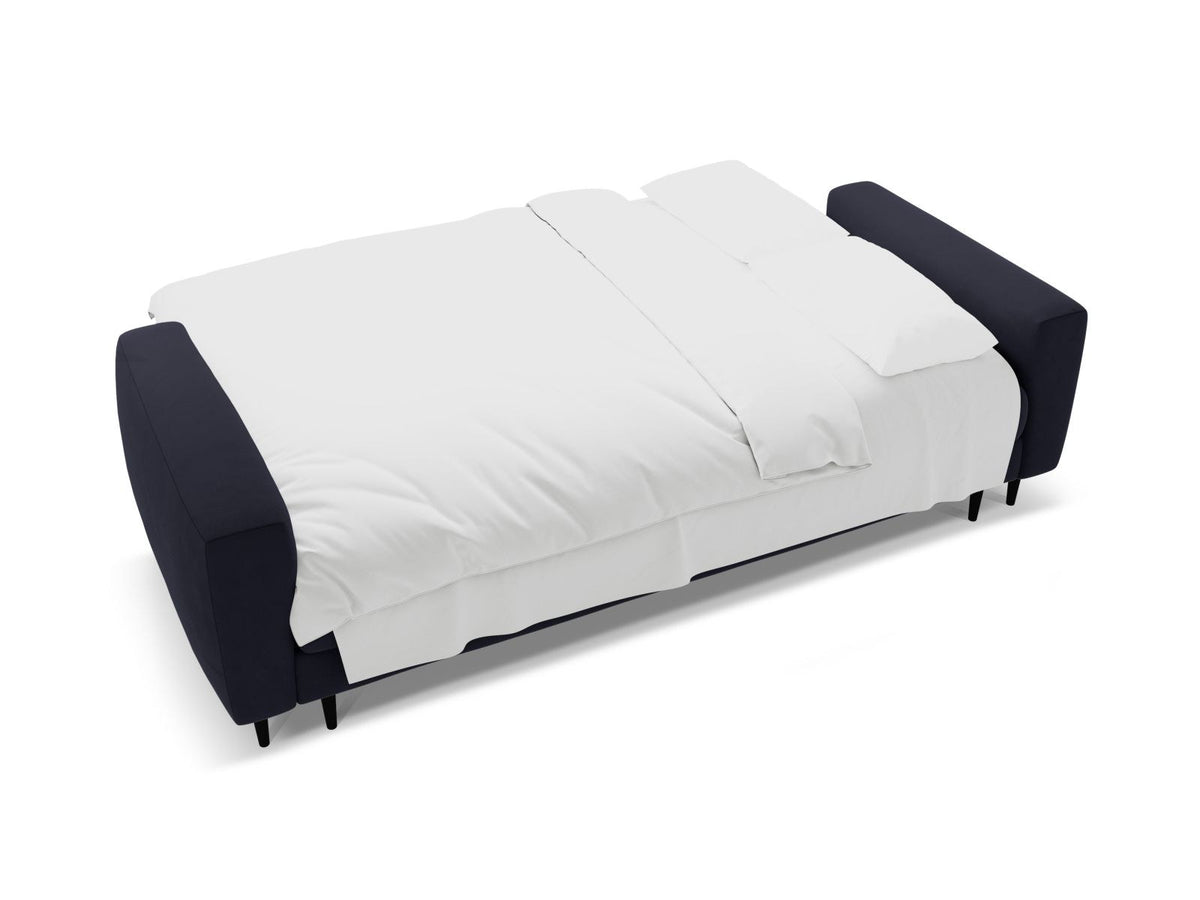 Cosmopolitan Design Lazio Bettsofa in Beige-Samt, 3-Sitzer mit ausklappbarer Liegefläche, Bettkasten und schwarzen Metallbeinen.