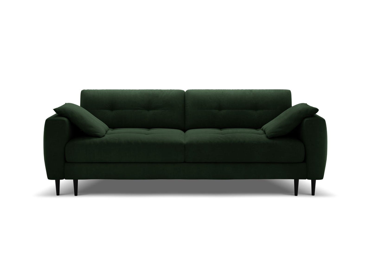 Cosmopolitan Design Lazio Bettsofa in Beige-Samt, 3-Sitzer mit ausklappbarer Liegefläche, Bettkasten und schwarzen Metallbeinen.