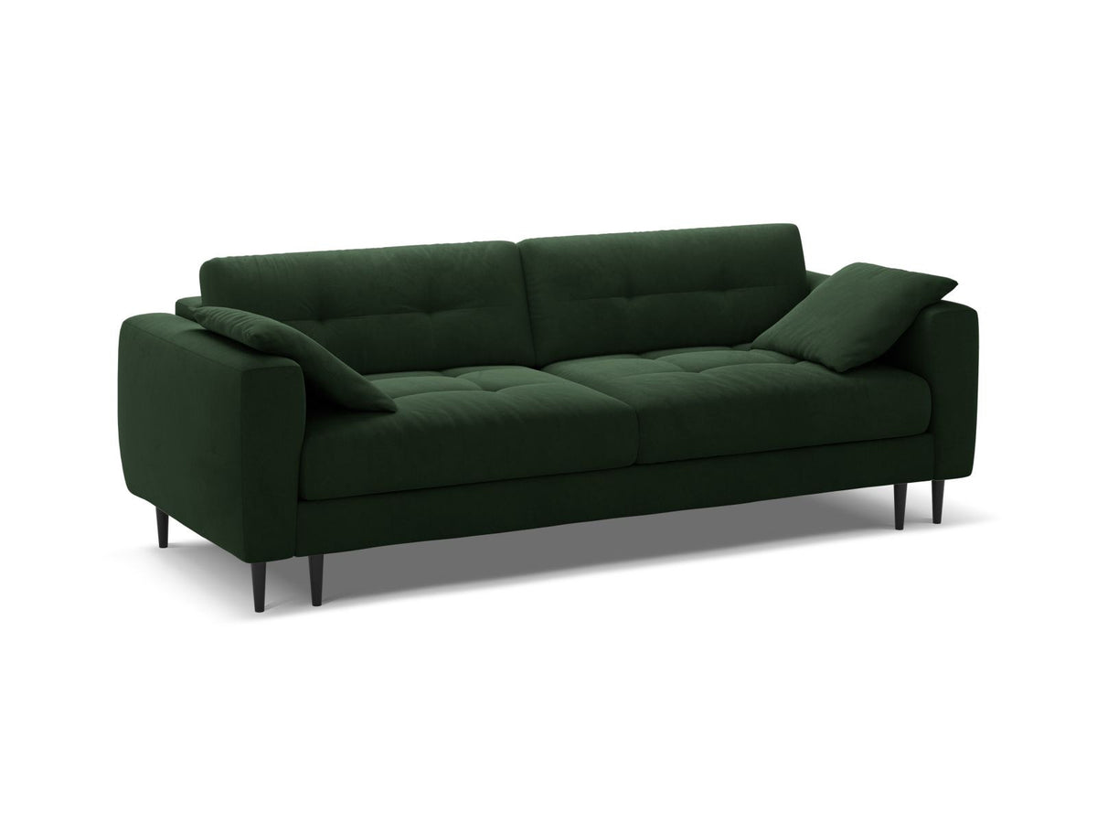 Cosmopolitan Design Lazio Bettsofa in Beige-Samt, 3-Sitzer mit ausklappbarer Liegefläche, Bettkasten und schwarzen Metallbeinen.