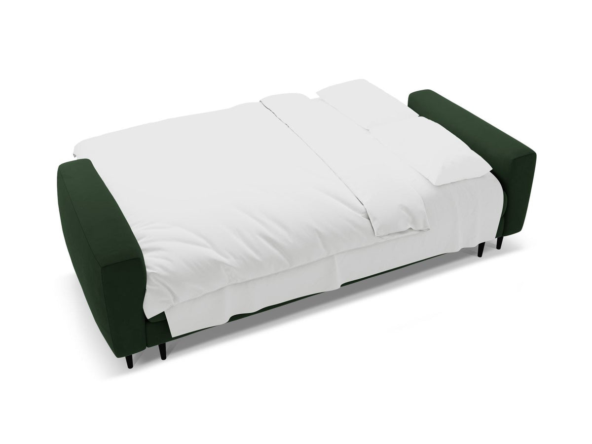 Cosmopolitan Design Lazio Bettsofa in Beige-Samt, 3-Sitzer mit ausklappbarer Liegefläche, Bettkasten und schwarzen Metallbeinen.