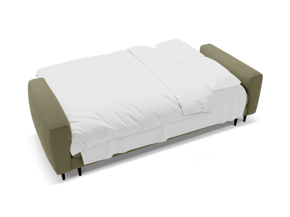 Cosmopolitan Design Lazio Bettsofa in Beige-Samt, 3-Sitzer mit ausklappbarer Liegefläche, Bettkasten und schwarzen Metallbeinen.