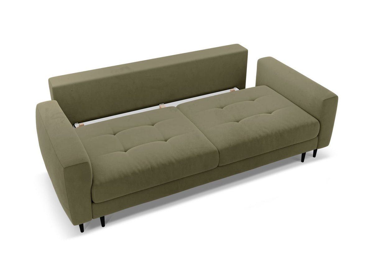 Cosmopolitan Design Lazio Bettsofa in Beige-Samt, 3-Sitzer mit ausklappbarer Liegefläche, Bettkasten und schwarzen Metallbeinen.