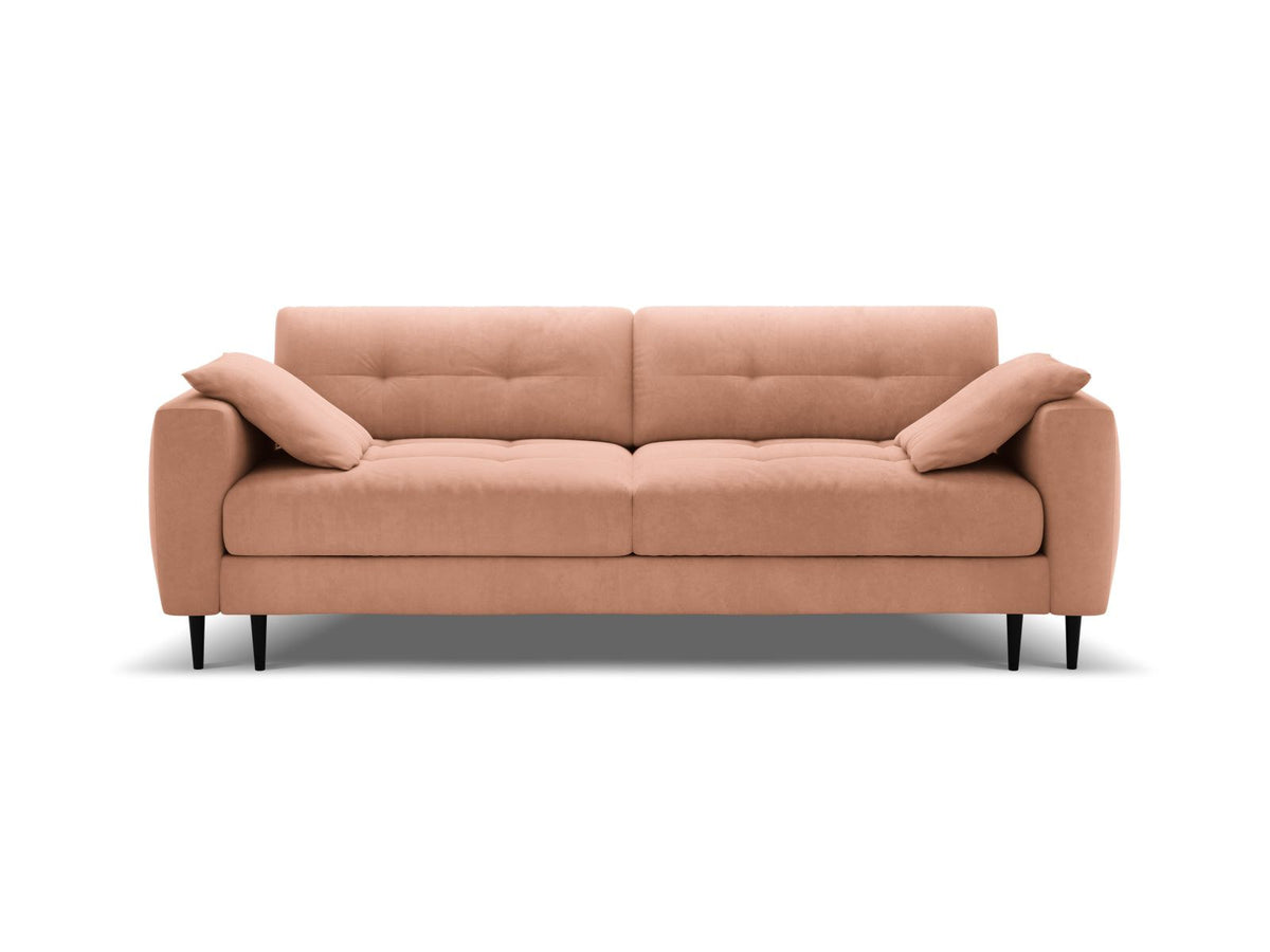 Cosmopolitan Design Lazio Bettsofa in Beige-Samt, 3-Sitzer mit ausklappbarer Liegefläche, Bettkasten und schwarzen Metallbeinen.