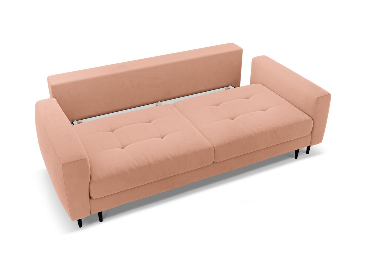 Cosmopolitan Design Lazio Bettsofa in Beige-Samt, 3-Sitzer mit ausklappbarer Liegefläche, Bettkasten und schwarzen Metallbeinen.