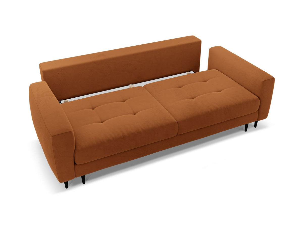 Cosmopolitan Design Lazio Bettsofa in Beige-Samt, 3-Sitzer mit ausklappbarer Liegefläche, Bettkasten und schwarzen Metallbeinen.
