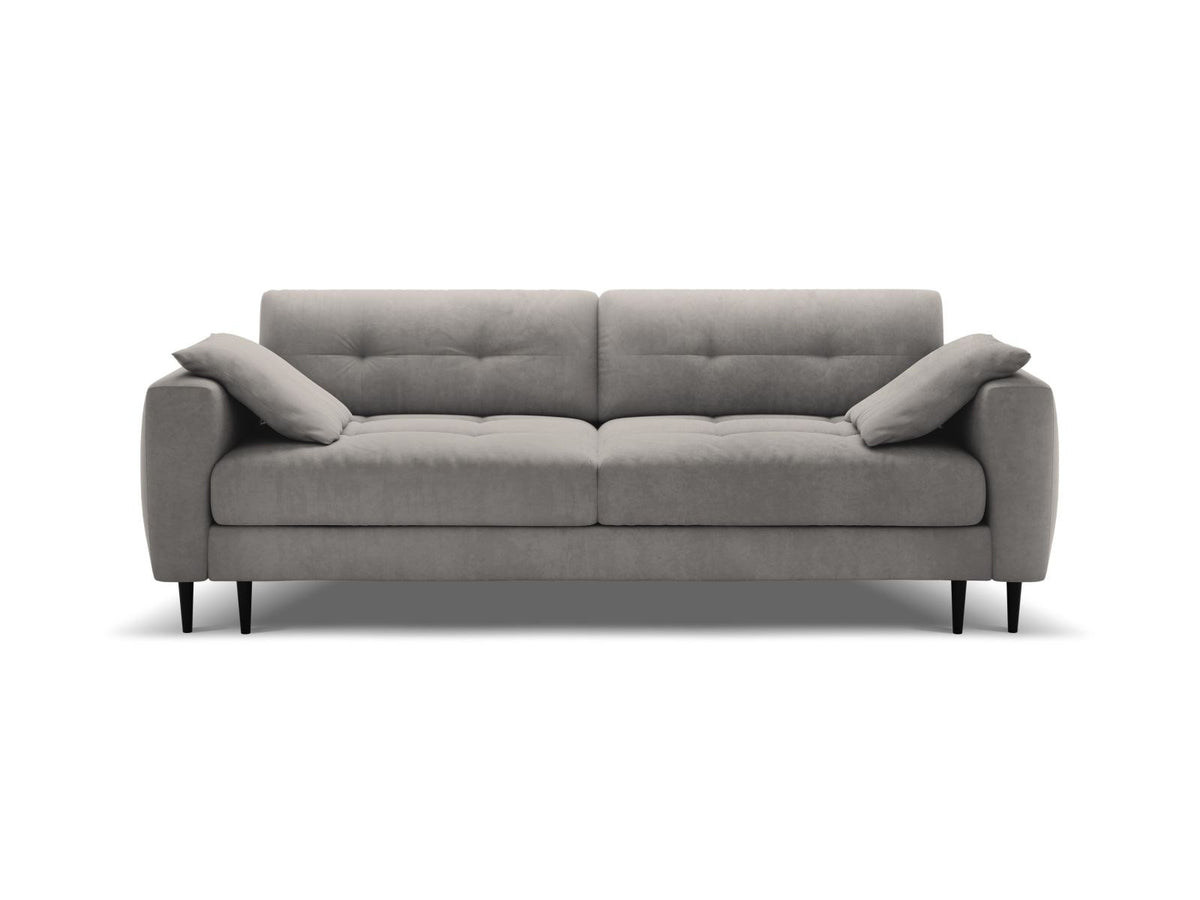 Cosmopolitan Design Lazio Bettsofa in Beige-Samt, 3-Sitzer mit ausklappbarer Liegefläche, Bettkasten und schwarzen Metallbeinen.