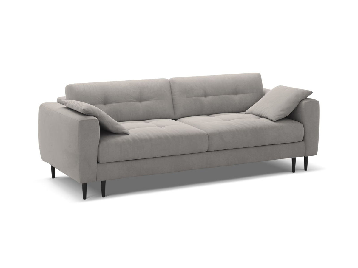 Cosmopolitan Design Lazio Bettsofa in Beige-Samt, 3-Sitzer mit ausklappbarer Liegefläche, Bettkasten und schwarzen Metallbeinen.
