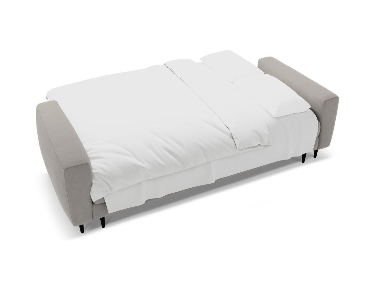 Cosmopolitan Design Lazio Bettsofa in Beige-Samt, 3-Sitzer mit ausklappbarer Liegefläche, Bettkasten und schwarzen Metallbeinen.
