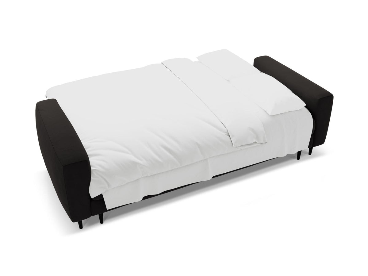 Cosmopolitan Design Lazio Bettsofa in Beige-Samt, 3-Sitzer mit ausklappbarer Liegefläche, Bettkasten und schwarzen Metallbeinen.