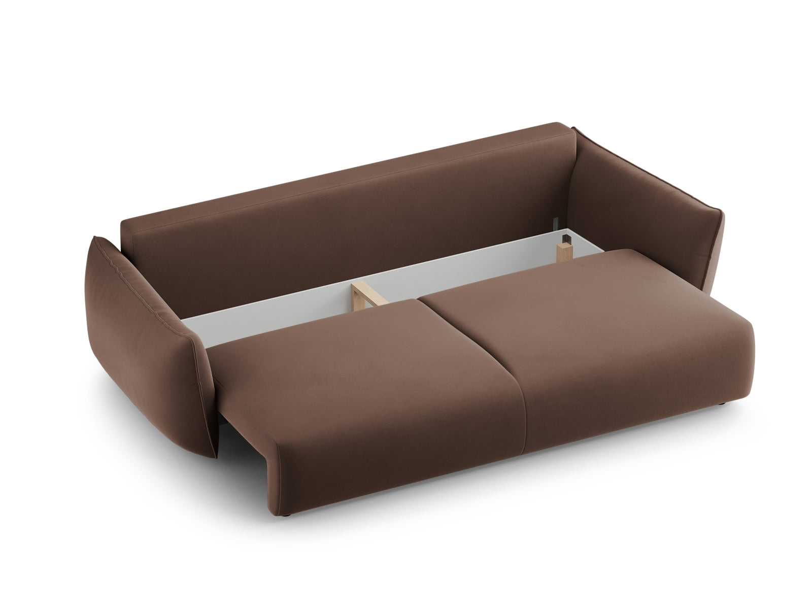 Modernes 3-Sitzer Sofa Matera in stilvollem Braun, perfekt für jeden Wohnraum, mit cleverer Schlaffunktion und integriertem Stauraum.