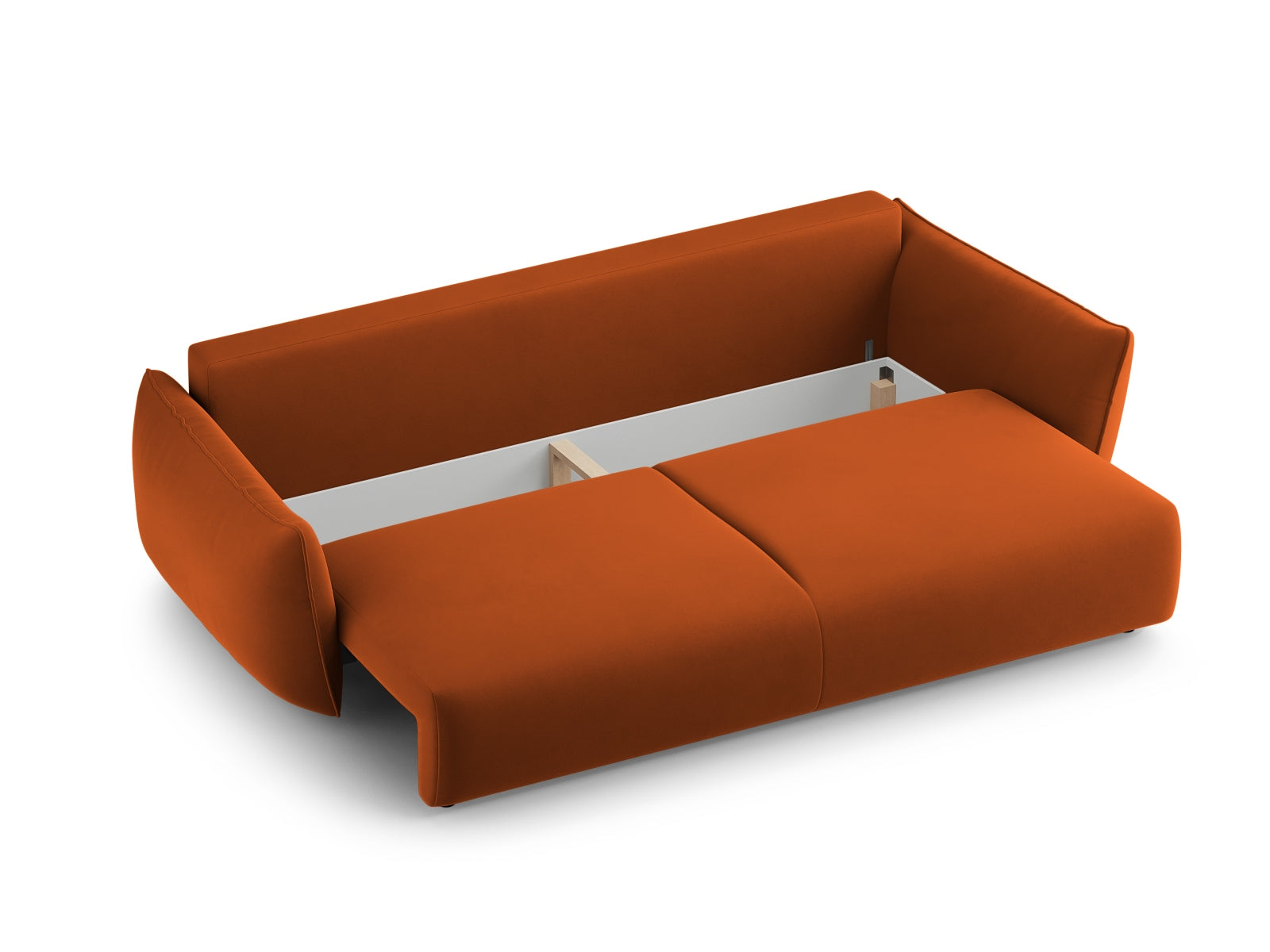Stylisches 3-Sitzer Sofa Matera in warmem Terracotta, perfekt für entspannte Stunden und als funktionales Schlafsofa mit integriertem Stauraum.