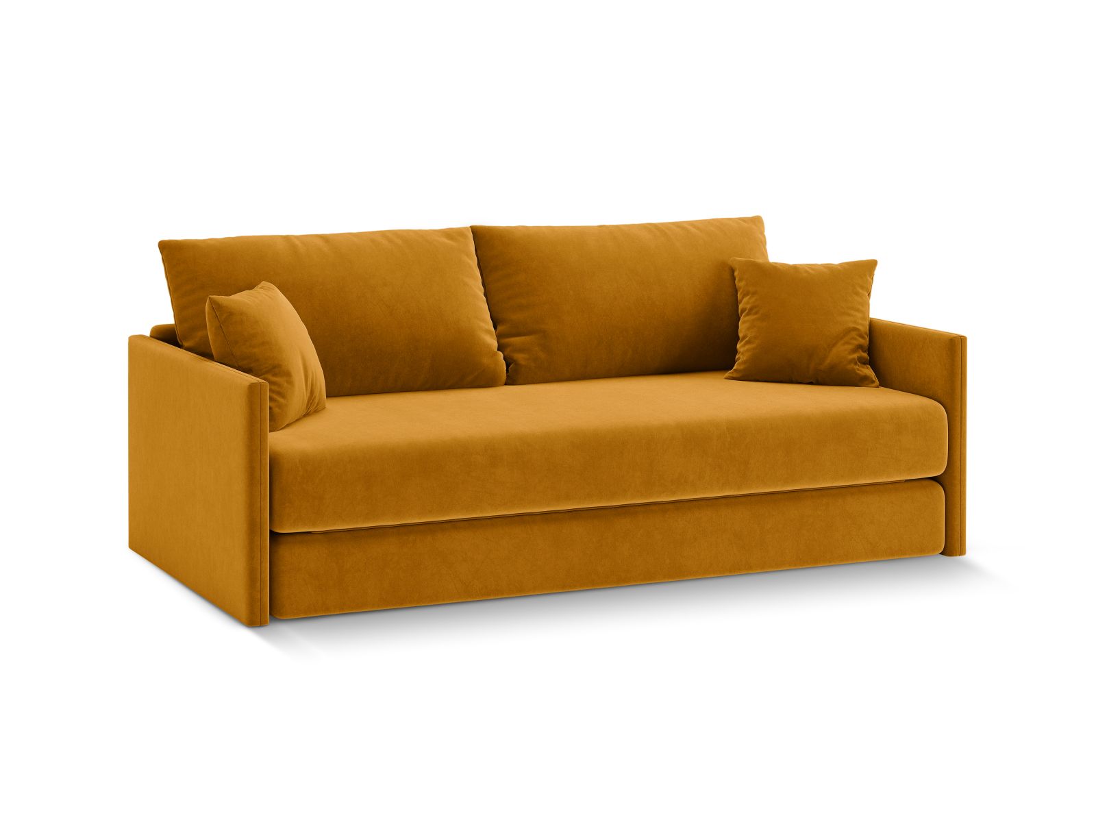 Elegantes 3-Sitzer Sofa Shannon in Gelb mit Schlaffunktion, ideal für stilvolle Wohnräume und flexible Nutzung. Perfekt für Gästeübernachtungen.