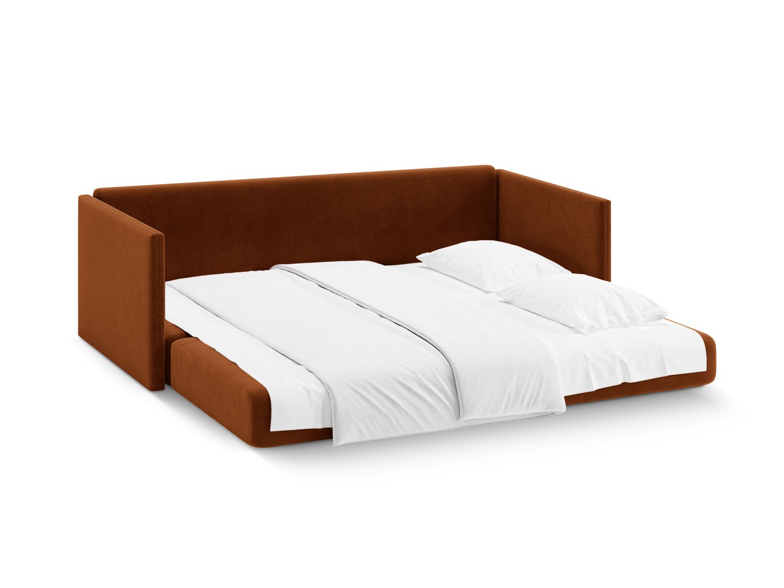 Modernes 3-Sitzer Sofa Shannon in ansprechendem Terracotta, vielseitig einsetzbar als Schlafsofa für gemütliche Abende.
