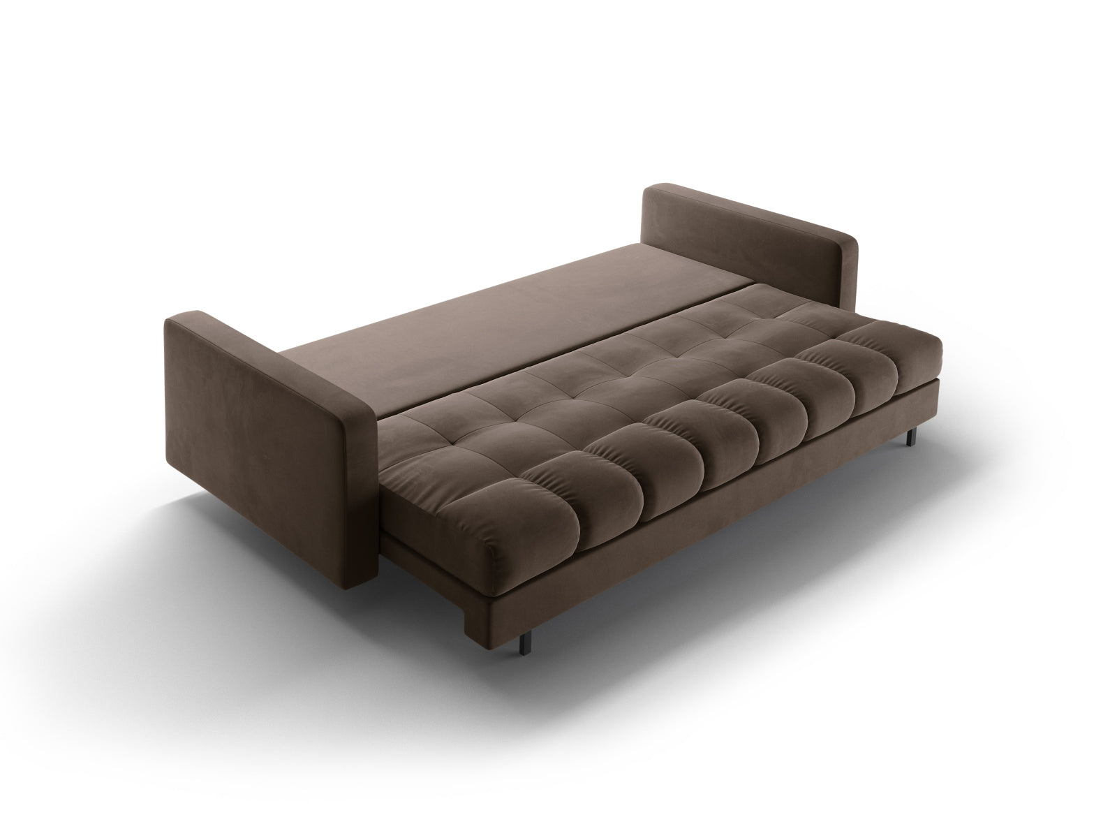 Modernes 3-Sitzer Sofa Bali in stilvollem Chocolate-Bluvel, perfekt für entspannte Abende, mit cleverer Schlaffunktion und integriertem Stauraum.