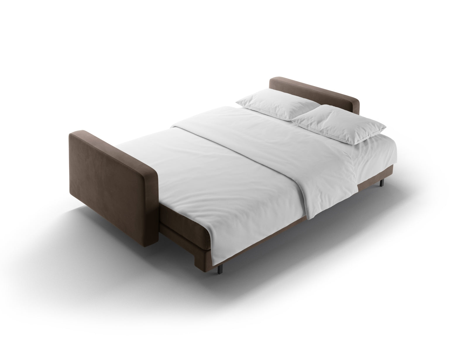 Elegantes 3-Sitzer Sofa Bali in Chocolate-Bluvel, ideal für Gästeübernachtungen und mit praktischem Stauraum für Kissen und Decken.