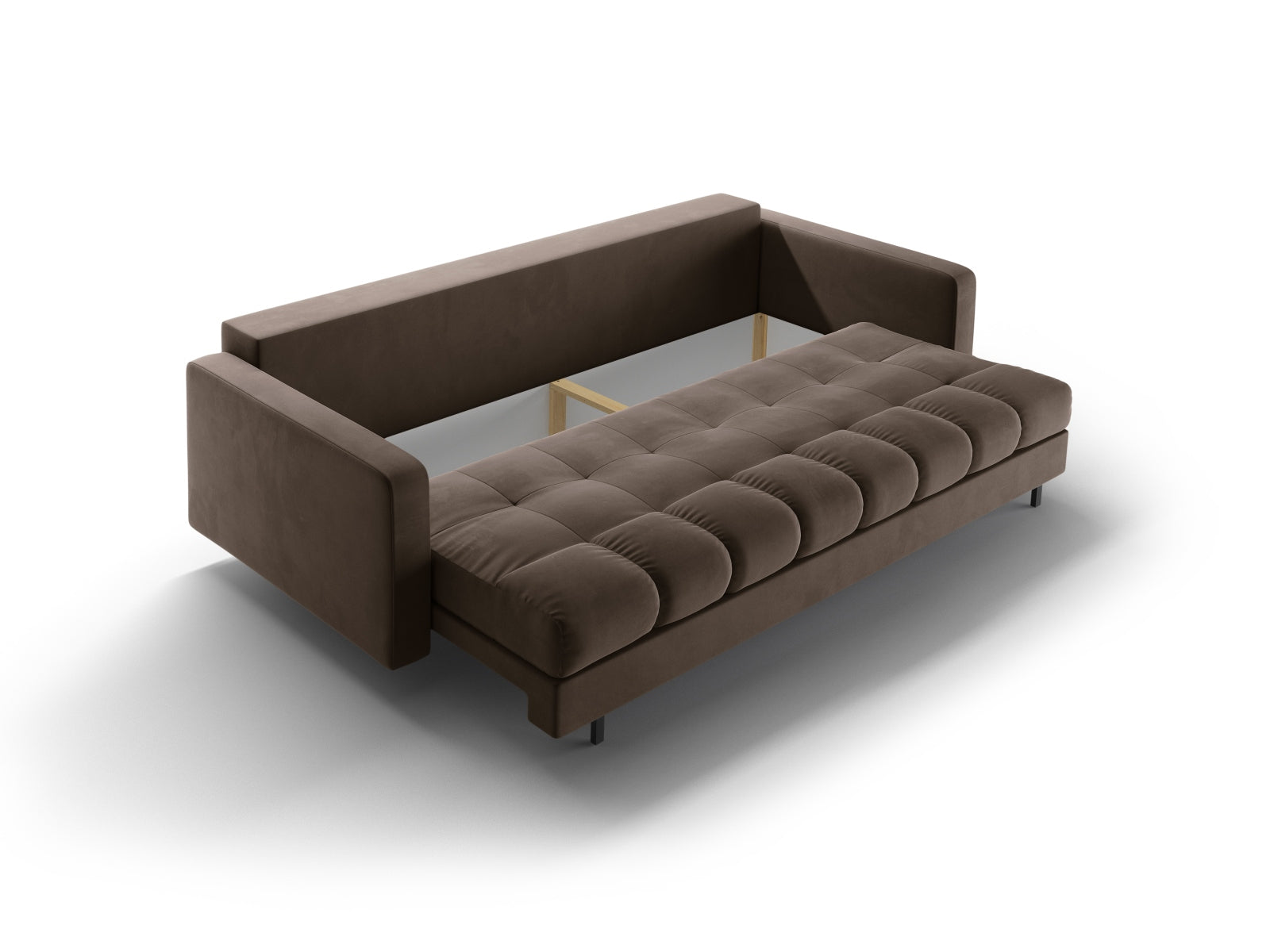 Modernes 3-Sitzer Sofa Bali in stilvollem Chocolate-Bluvel, vielseitig einsetzbar mit Schlaffunktion und integriertem Stauraum.