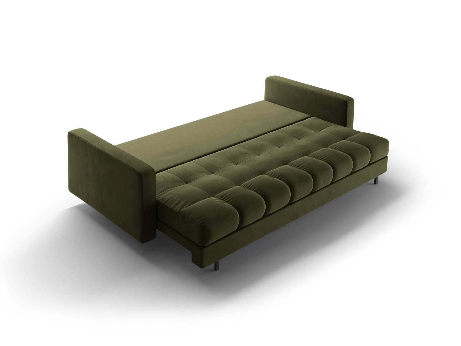 Modernes 3-Sitzer Sofa Bali in stilvollem Green-Bluvel, perfekt für multifunktionale Wohnräume mit Schlaf- und Stauraummöglichkeiten.