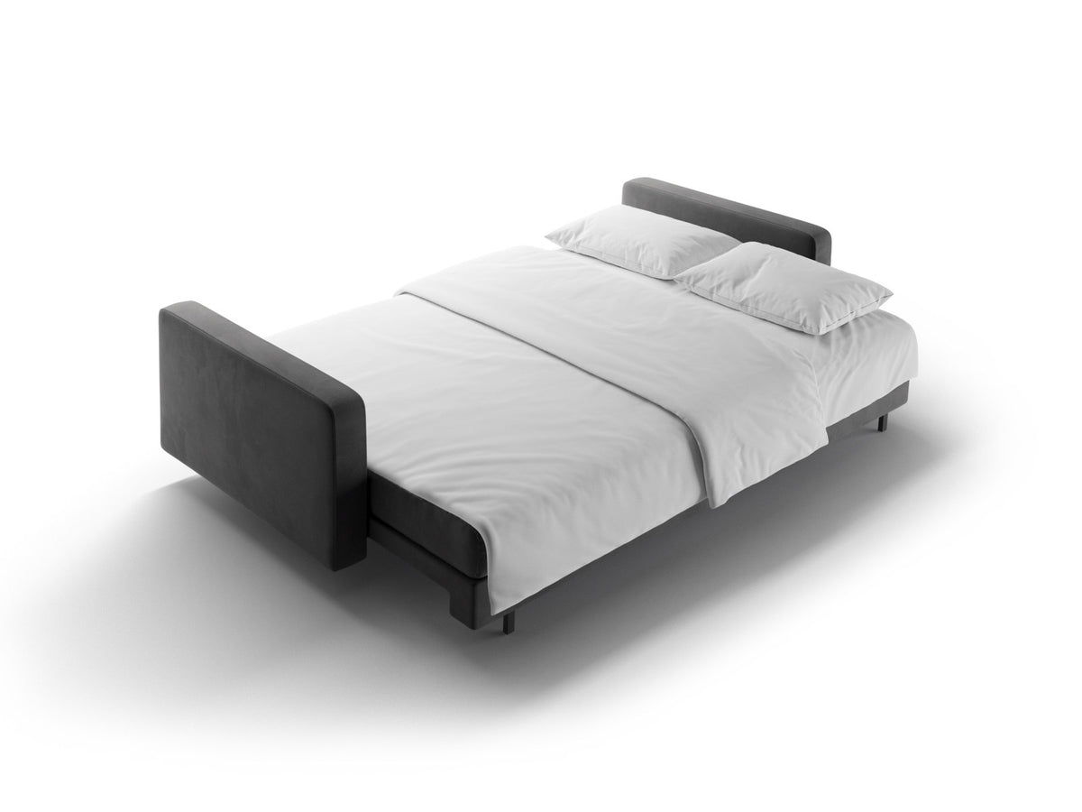 Dreisitzer Bettsofa Bali mit Stoffbezug, Holzrahmen und schwarzen Metallbeinen
