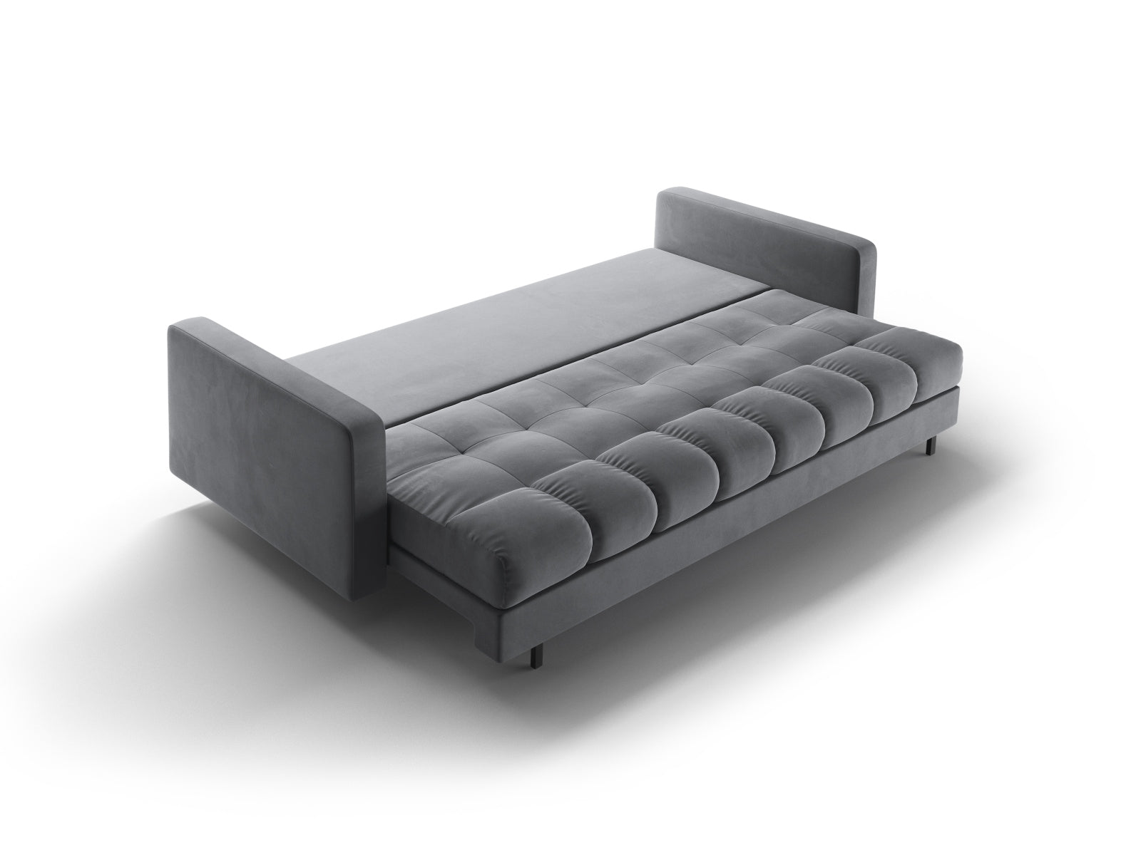 Modernes 3-Sitzer Sofa Bali in stilvollem Grau, multifunktional mit Schlaffunktion und praktischem Stauraum für Wohnaccessoires.