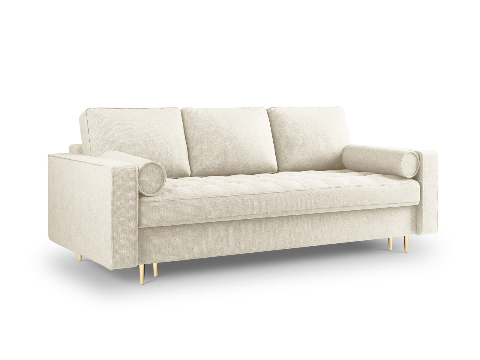 Elegantes 3-Sitzer Bettsofa Aspen in neutralem Beige, ideal für kleine Räume, bietet praktische Schlaffunktion und Stauraum für mehr Komfort.