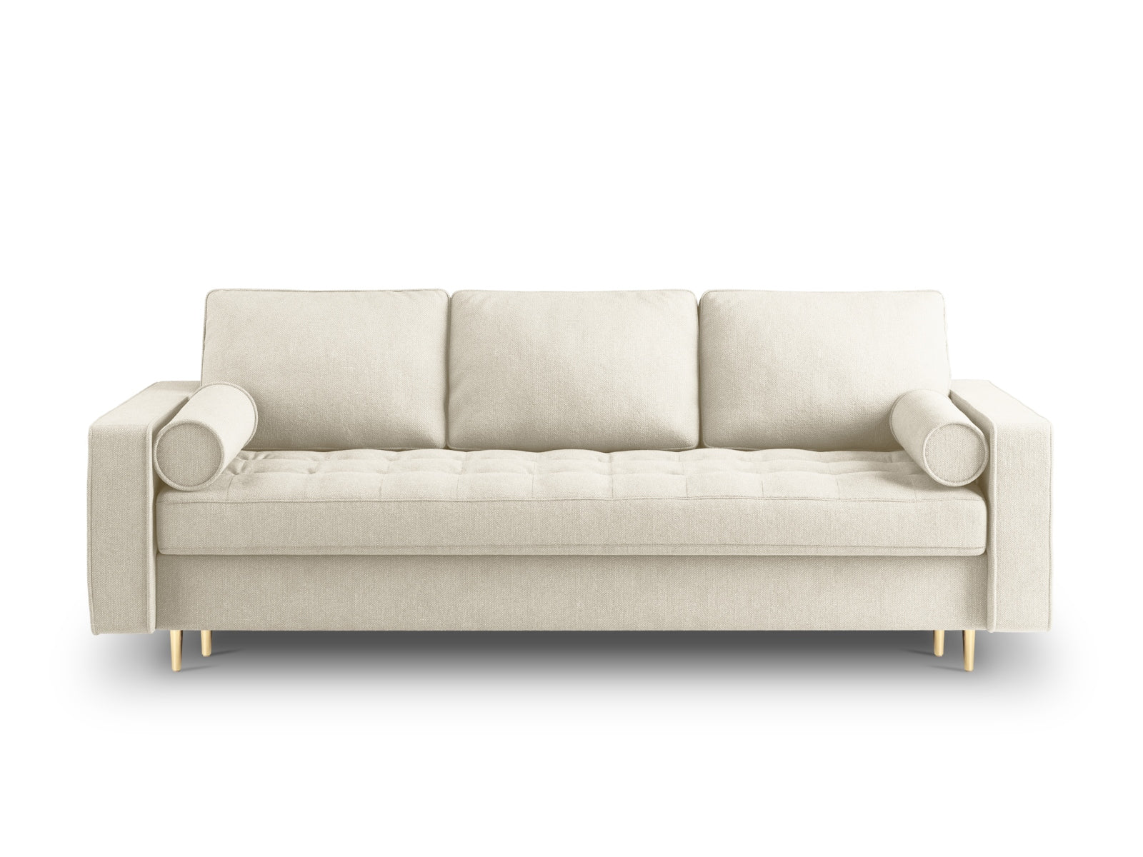 Modernes 3-Sitzer Sofa Aspen in sanftem Beige, perfekt für kompakte Wohnräume, mit cleverer Schlaffunktion und integriertem Stauraum.