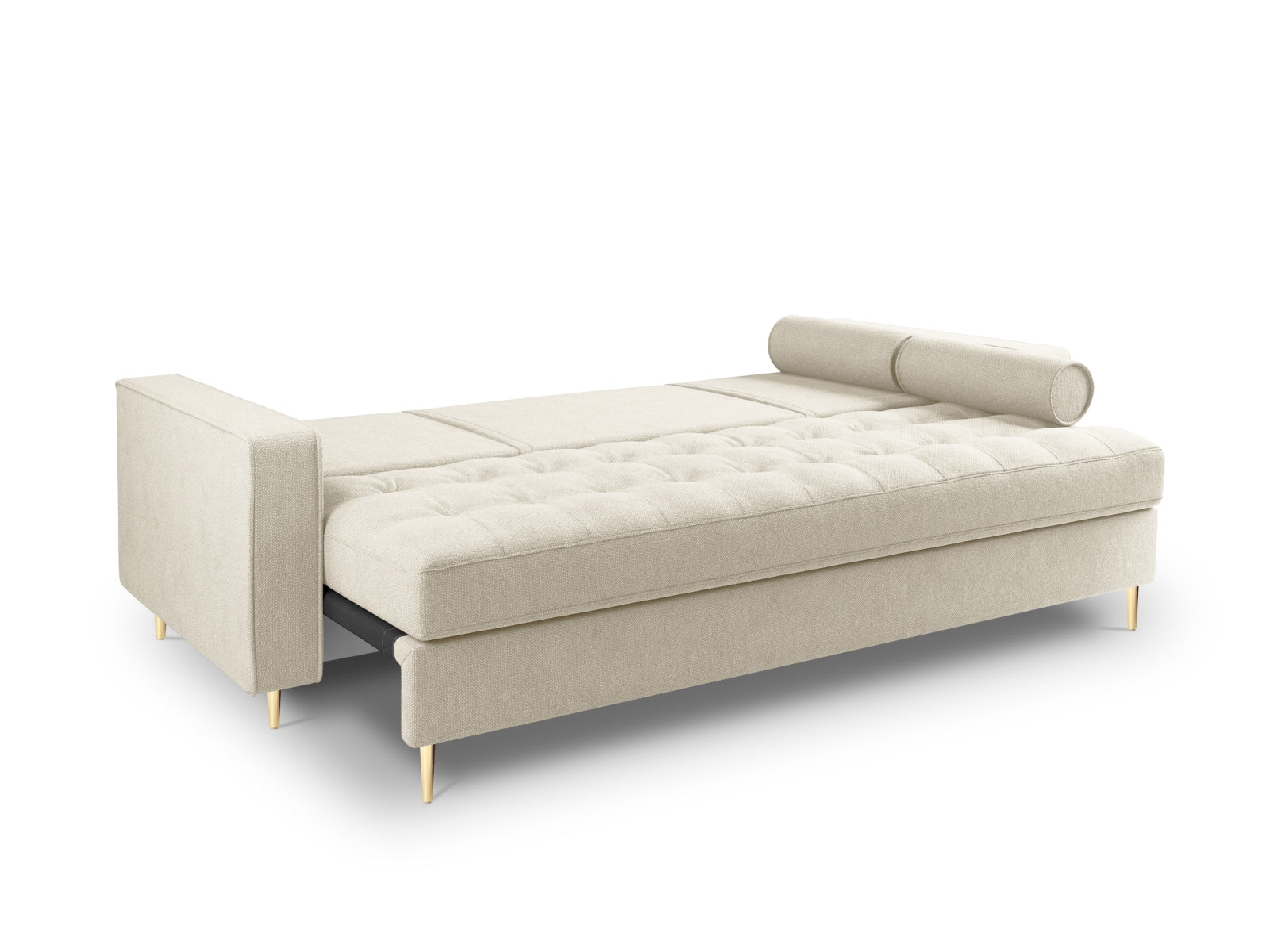 Modernes 3-Sitzer Sofa Aspen in sanftem Beige, perfekt für kompakte Wohnräume, mit cleverer Schlaffunktion und integriertem Stauraum.
