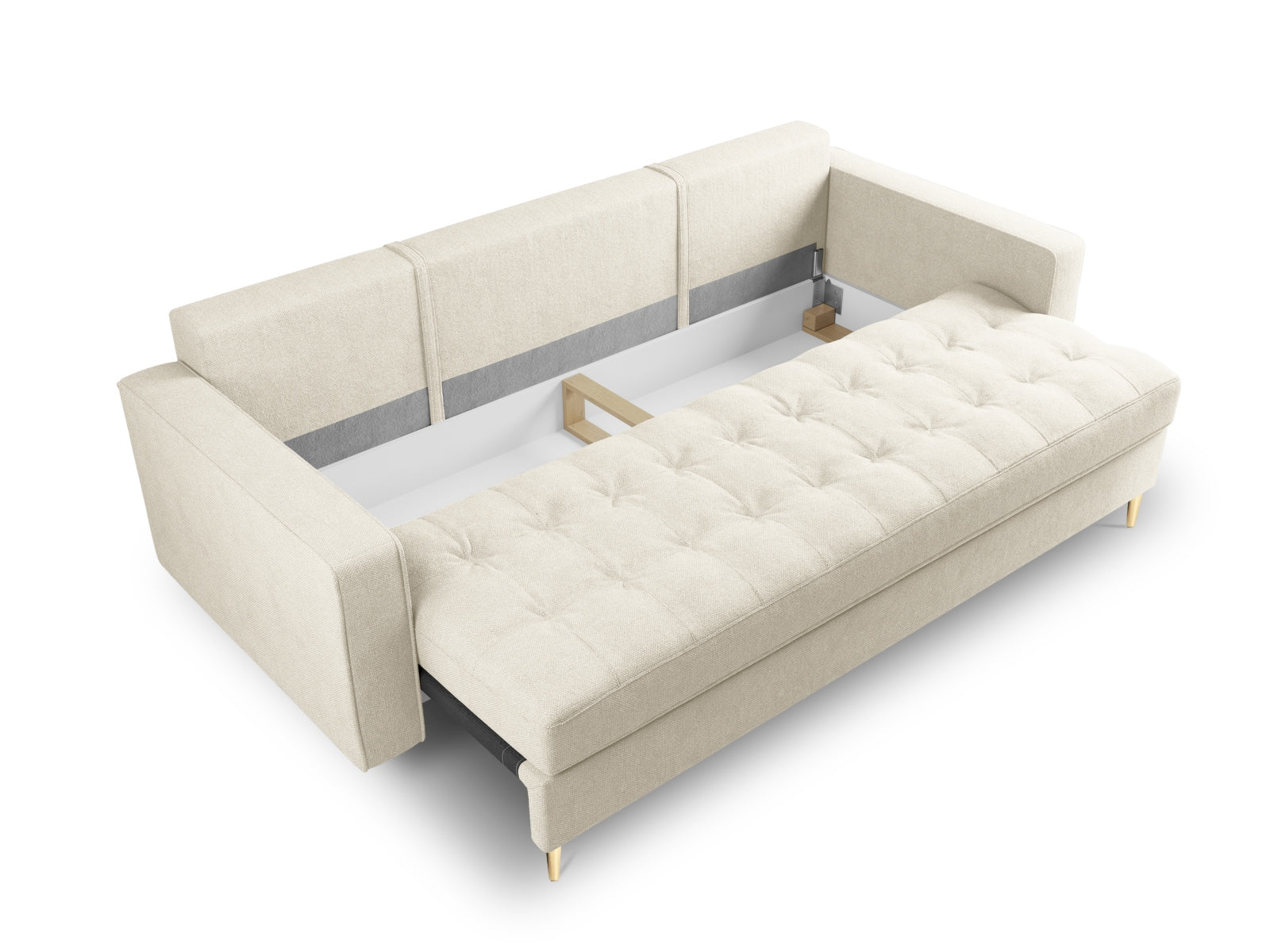 Modernes 3-Sitzer Sofa Aspen in stilvollem Beige, perfekt für kompakte Wohnräume, mit cleverer Schlaffunktion und integriertem Stauraum.