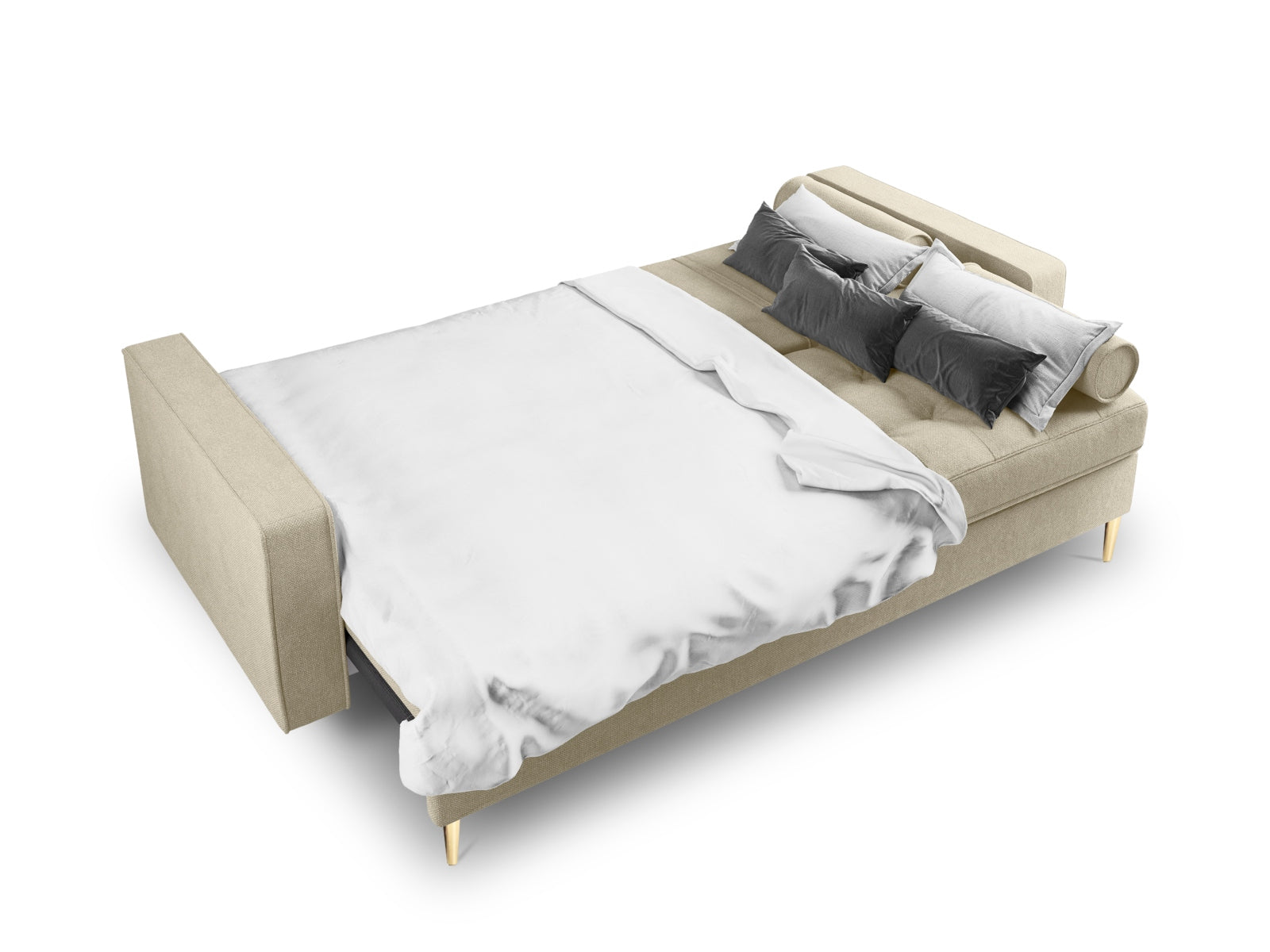 Beige 3-Sitzer Sofa Aspen, stilvolles Bettsofa mit cleverer Schlaffunktion und zusätzlichem Stauraum für vielseitige Nutzung im Wohnbereich.